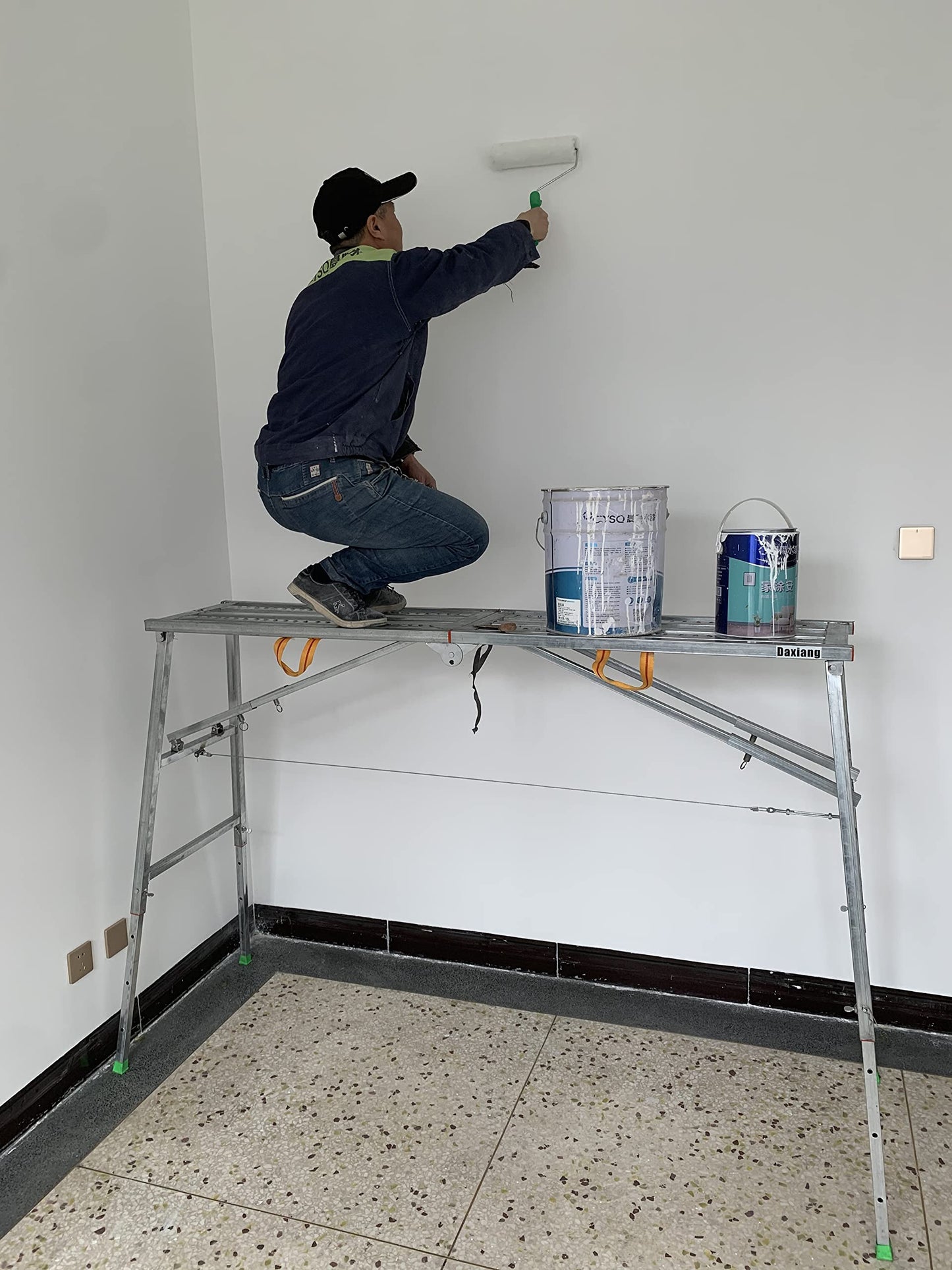 Daxiang Portable Scaffolding Platform 55(L) x15(W) x27-43(H)'' Work Platform Adjustable Height Steel 600 LBS Load Capacity Folding Step Ladder Drywall Painting Stool