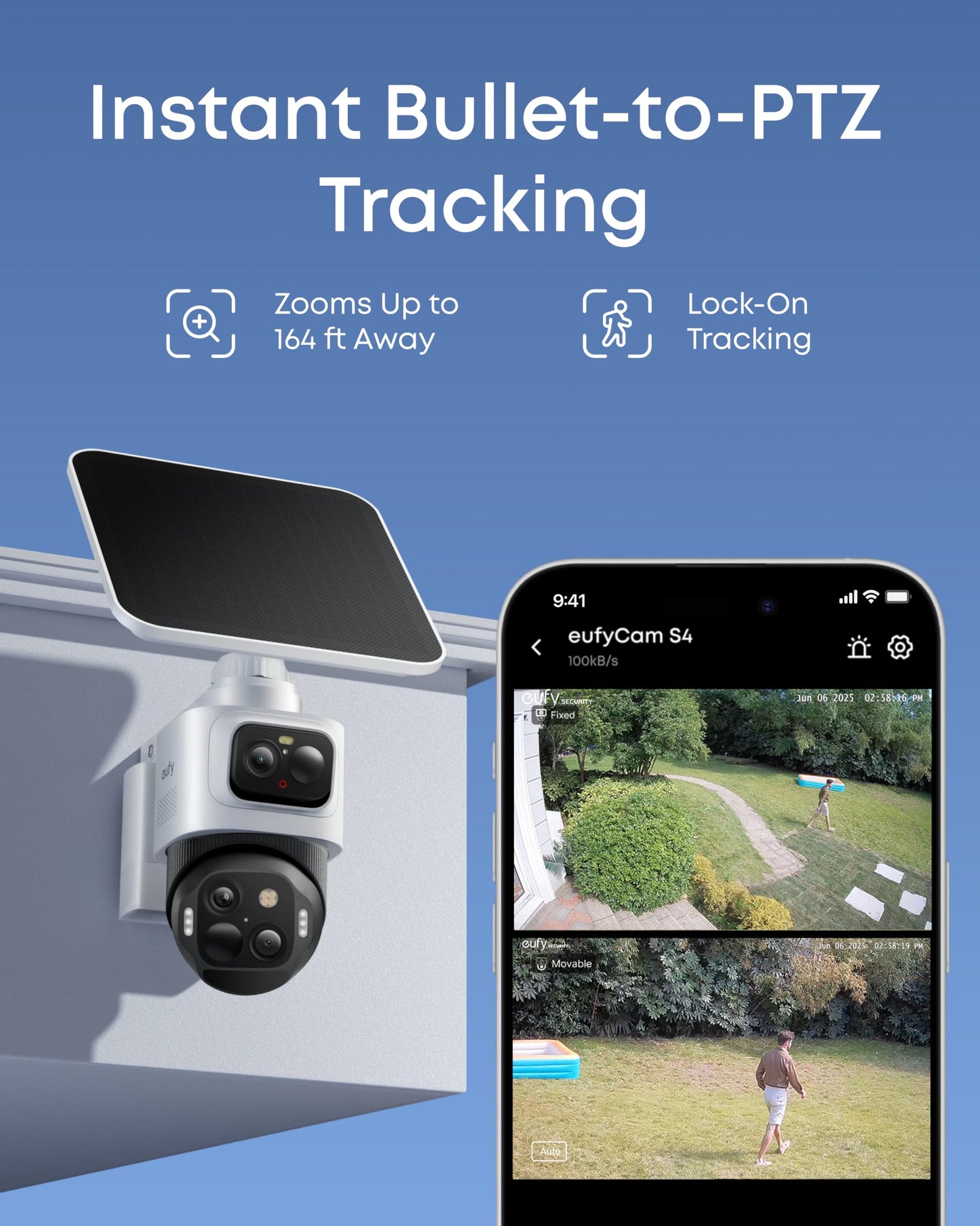 eufy Security eufyCam S4,4K Solar Camera Wireless Outdoor, Triple Lens Bullet-PTZ Cam, 360° View, 8X Auto Zoom, AI Recognition,AI Track, Color Night Vision, 0 Monthly Fee, Built in 32 GB Storage