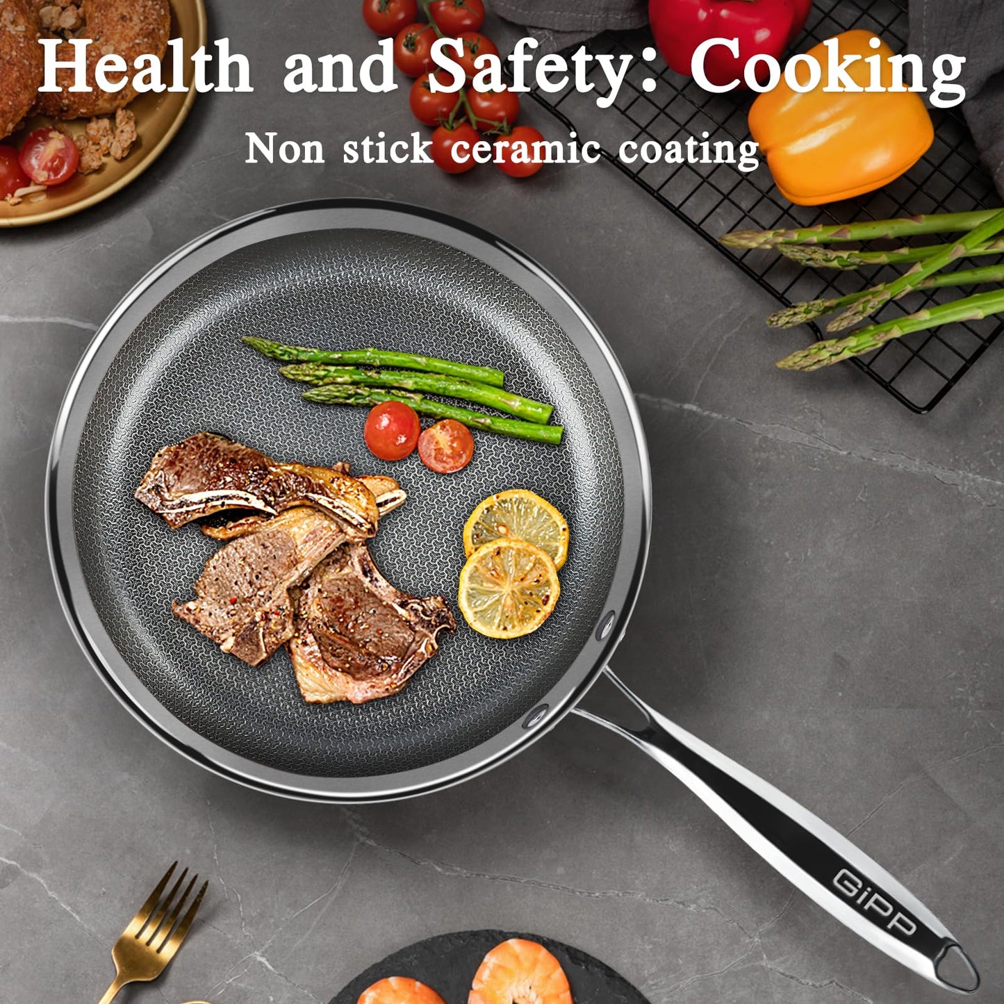 GiPP Tri-Ply Stainless Steel Frying Pan, 12 inch Hybrid Frying Pans Nonstick Skillets, Dishwasher and Oven-Safe, Induction Ready, Compatible with All Cook tops, PFOS/PFOA Free