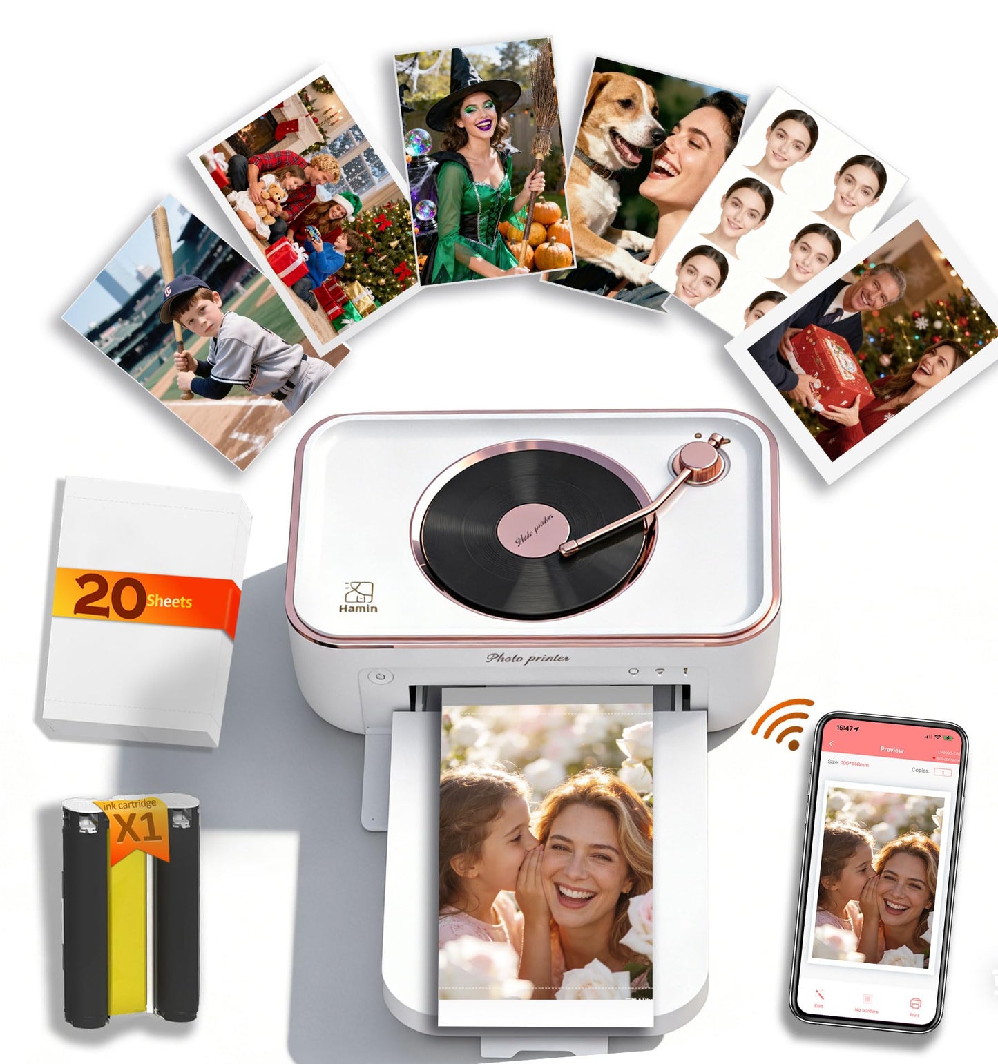 PRT 4x6 Photo Printer, Thermal Dye Sublimation WiFi Picture Printer for Phone, Portable Phone Printer with AR Video & 20 Sheets 1 Cartridge, Instant Printing for Home Use, CP6000White