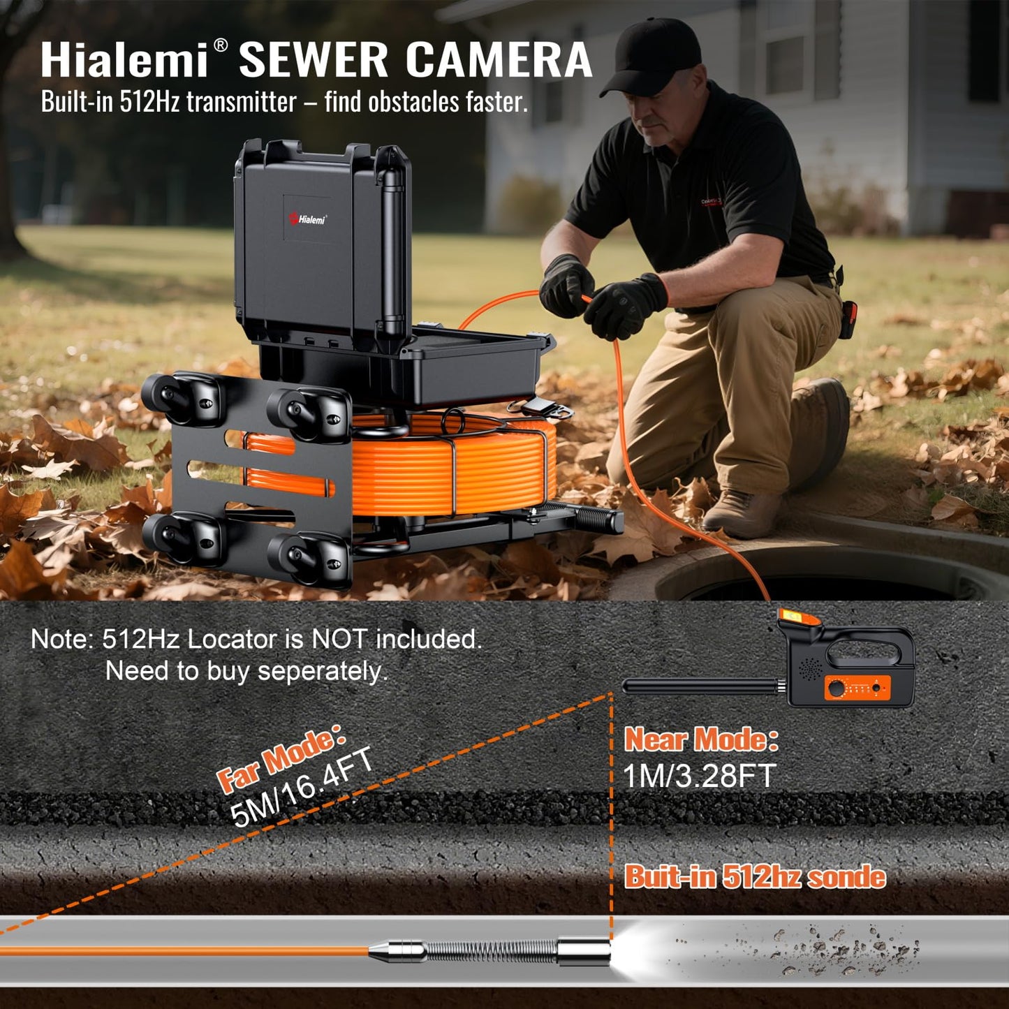 Hialemi Portable 9'' Sewer Camera with 512Hz Transmitter - 100Ft/30M Self Leveling Drain Camera & Meter Counter & 5X Zoom - 145° Plumbing Pipe Inspection Cam with Lights - 1080P IPS Screen & DVR 32GB