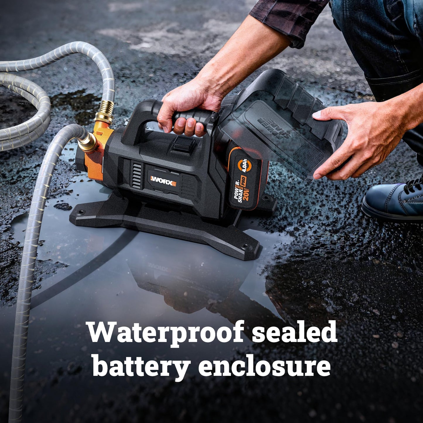 WORX Transfer Pump, 20V 5.75 GPM Water Transfer Pump, Transfers up to 200 Gallons per charge, Up to 32.8' Head Height and 6' Lift Height, Includes 20V 4.0 Ah Battery and Charger, PowerShare
