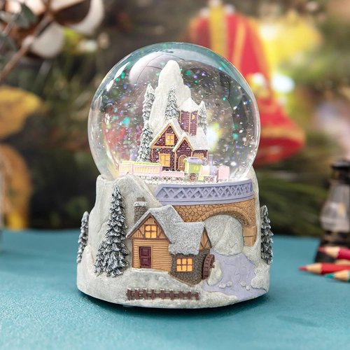 Castle Snowy House Snow Globe - Color Changing Lighting & Revolving Train | Winter Wonderland Decor