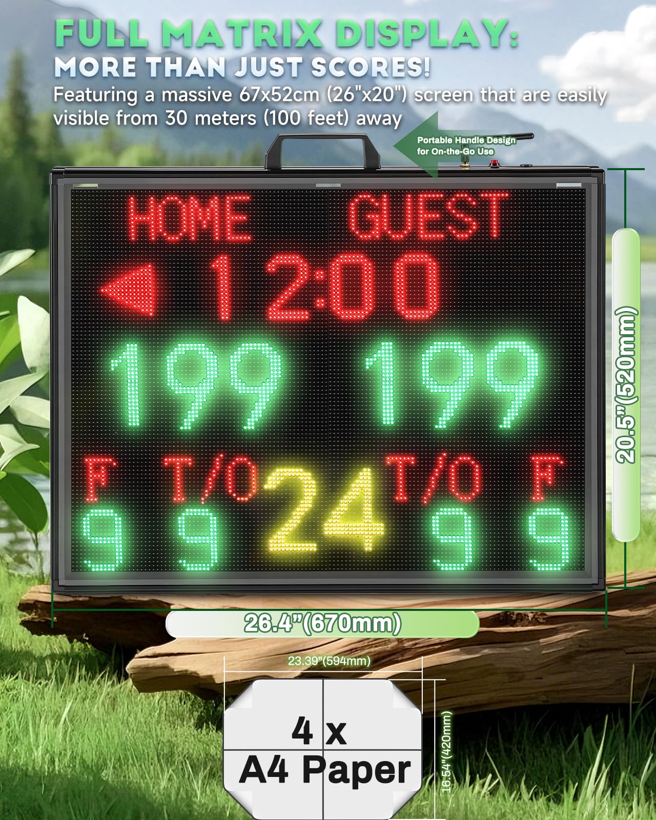 Matrix Display Large Electronic Scoreboard with Wireless LCD Touchscreen RF Controller - 26.4x20.5" Big Matrix Display, 100Ft Visibility, DC Battery, Flexible Control for Indoor/Outdoor Sports Games