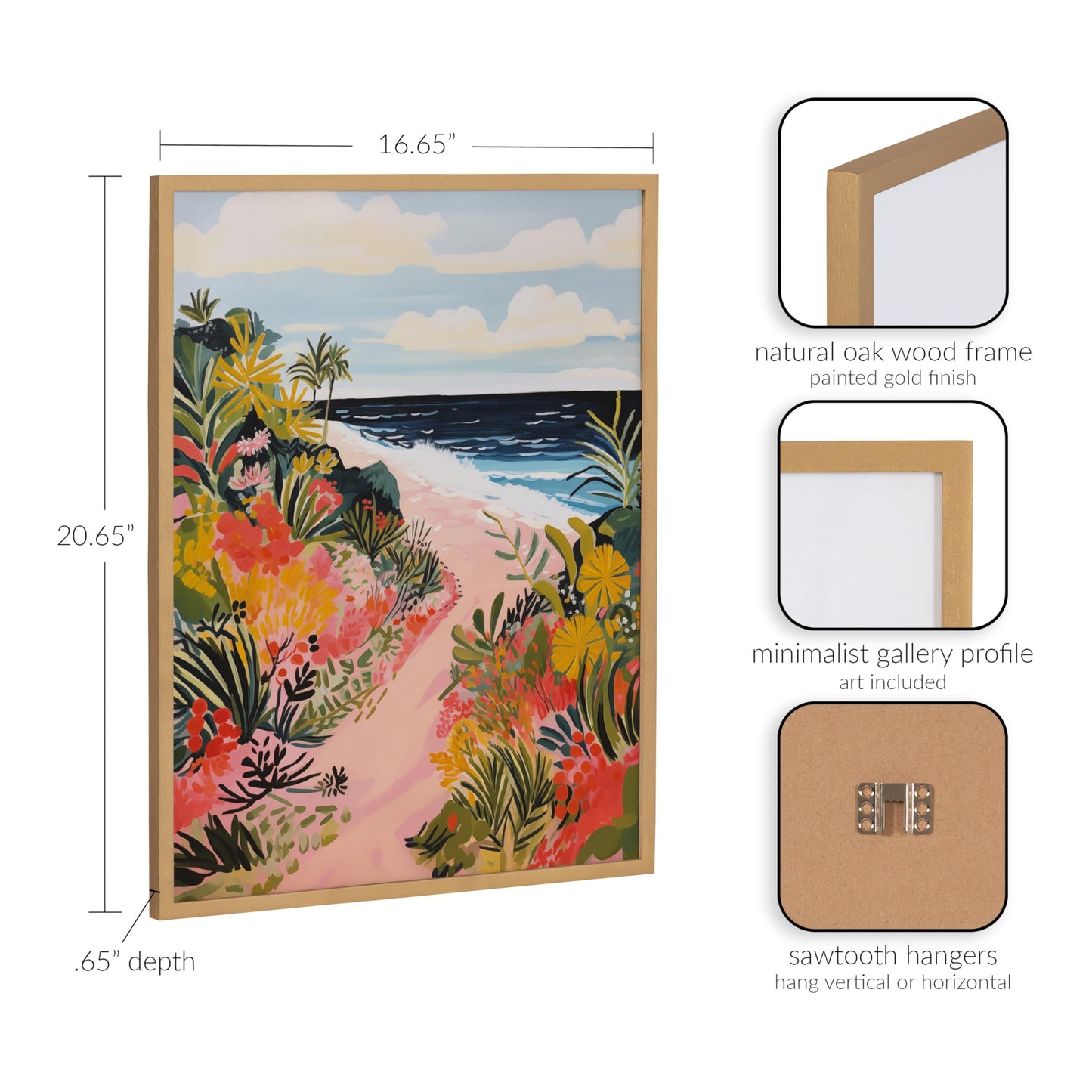 Kate and Laurel Tropical Bright Ocean Path Landscape Framed Wall Art by The Creative Bunch Studio; 16x20 Gold; Coastal Beach Landscape Art for Wall