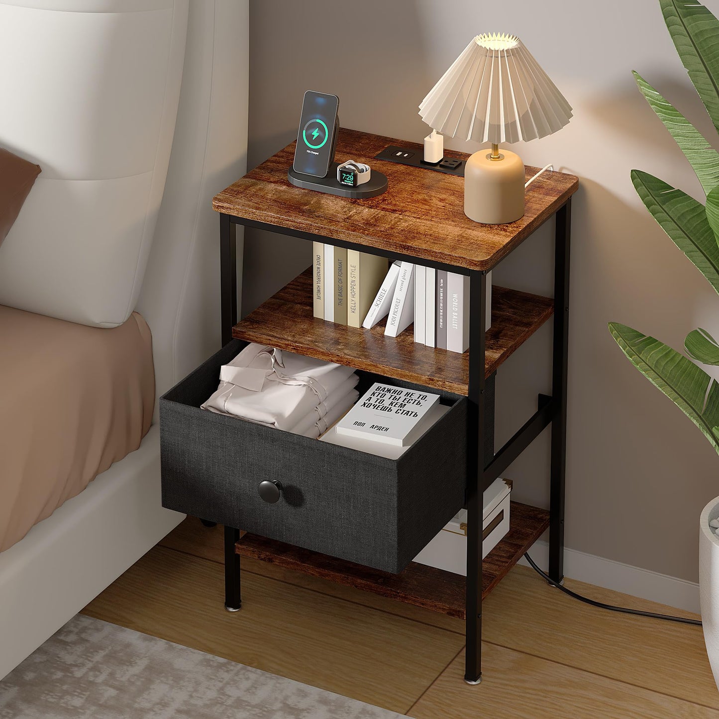 VECELO End Side Table, Modern Night Stand with Storage Space and Door, Set of 2 Nightstands for Living Room,Bedroom,Lounge,Antique Brown