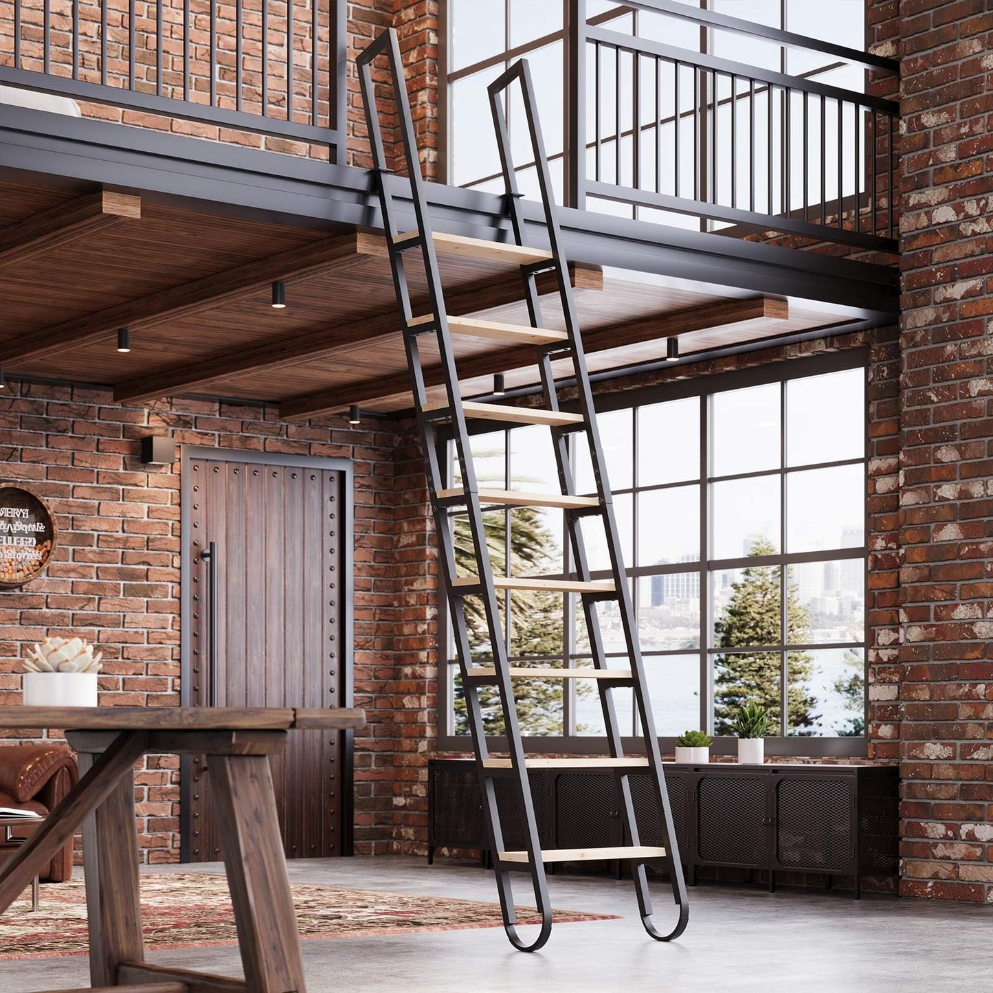 10.35FT Industrial Style Loft Ladder, 8 Steps with Black Steel Handrails & Solid Wood Steps, 450lbs Capacity, Fits 8.2-9FT Installation Height,for Attic, Kitchen, Warehouse, Bookshelf& Outdoor