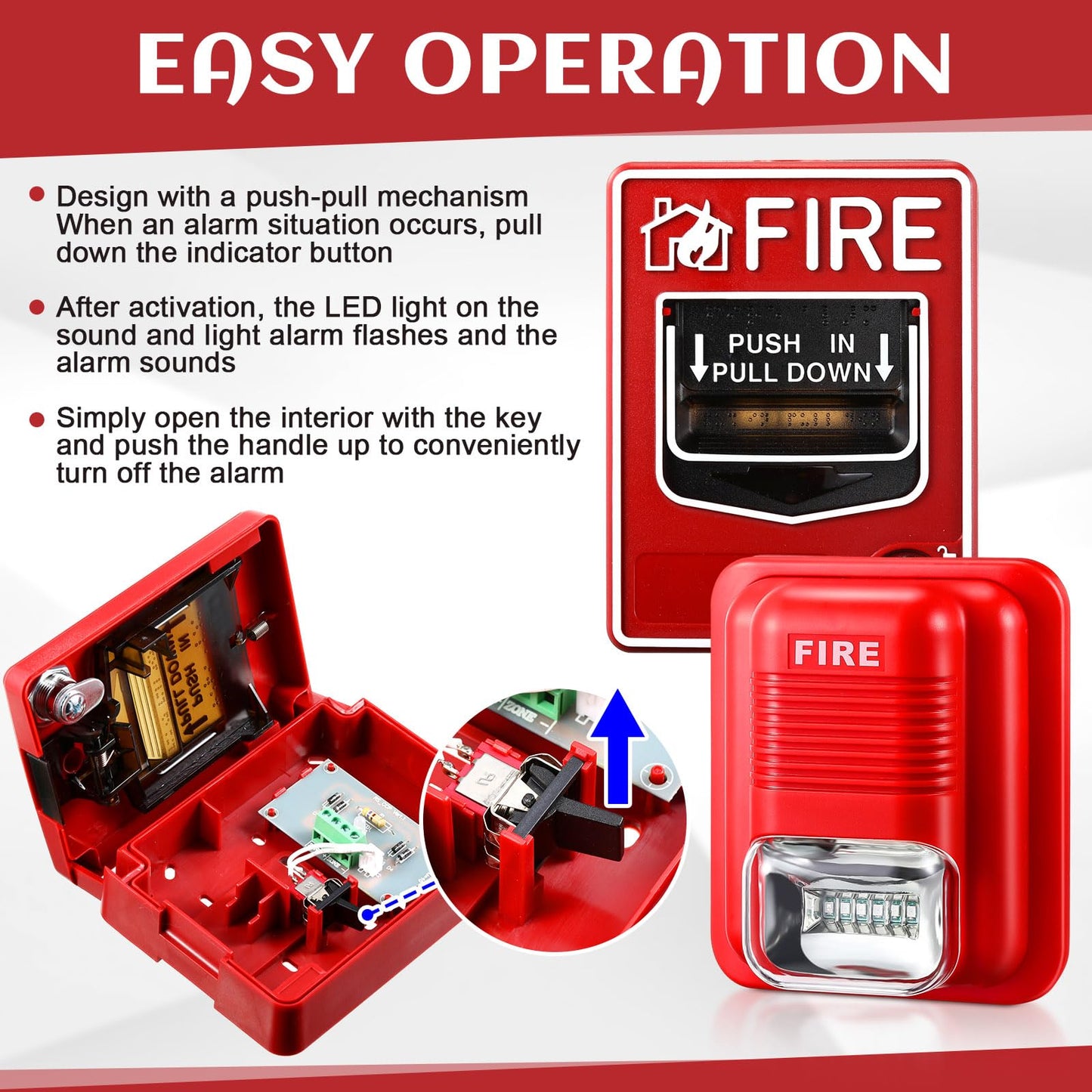 Relaxweex 8 Pcs Fire Alarm Pull Station Fire Warning Siren 12/24V DC Sound and Light Emergency Alarm Dual Action Manual Call Point with Key Security Horn Buzzer for Home or Office