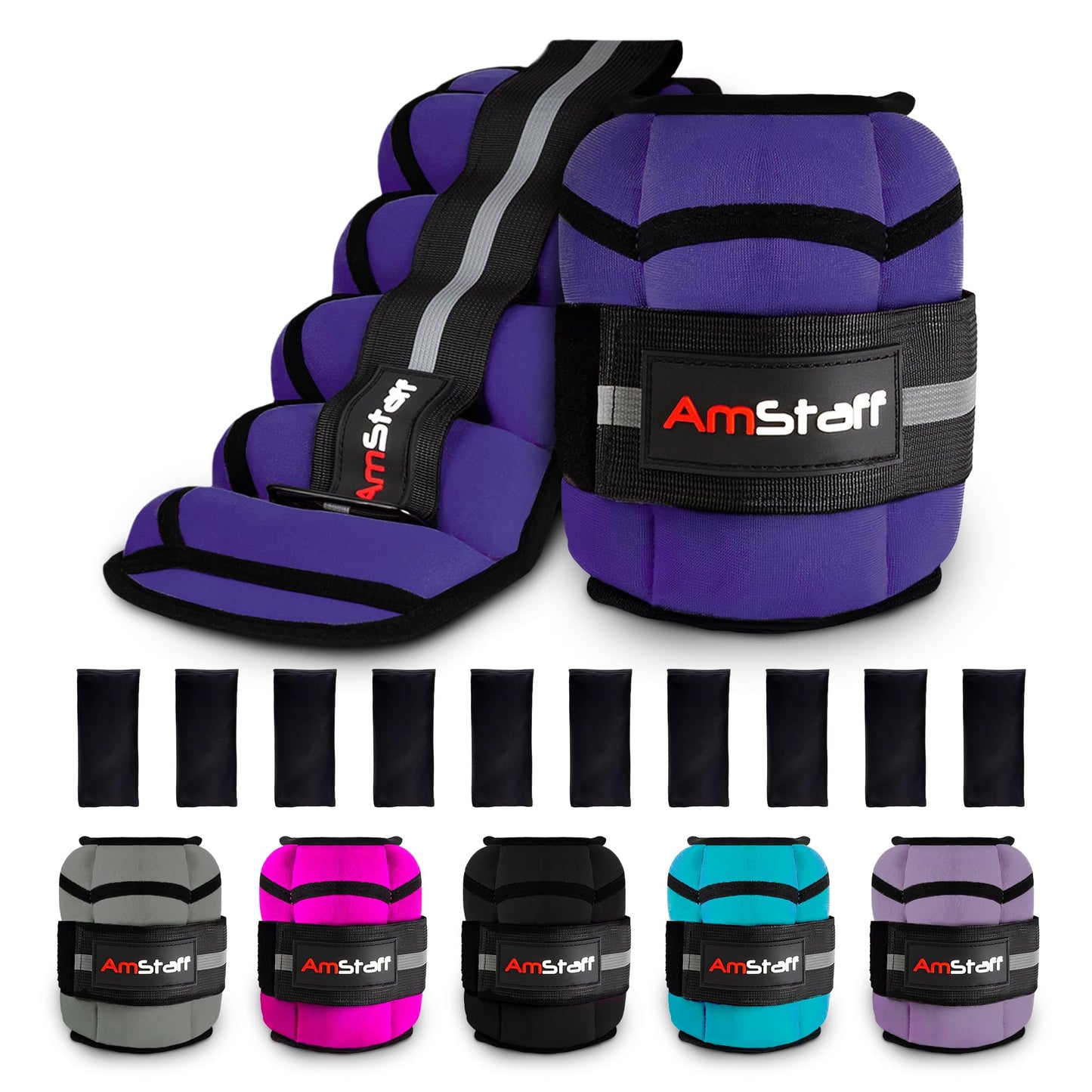 AmStaff Fitness Adjustable Ankle Weights 1 Pair 2 4 6 8 10 Lbs Leg Weight Straps for Strength Training, Walking, Jogging, Running, and Fitness Workouts – 1-5 lbs Each Ankle, 10 lbs Pair Set (Purple)