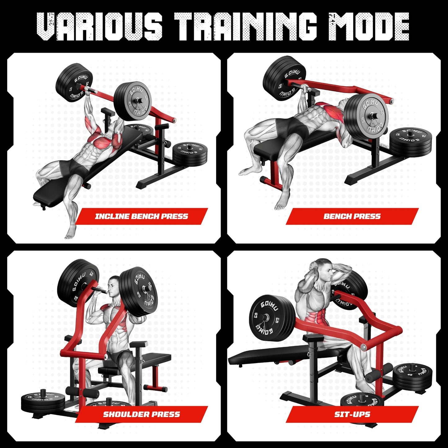 Chest Press Machine, GOIMU Z1-PRO Weight Bench Press Machine with Independent Arms, Adjustable Flat Incline Bench Press for Chest, AB Workout Home Gym Equipment (Red Bench Only)