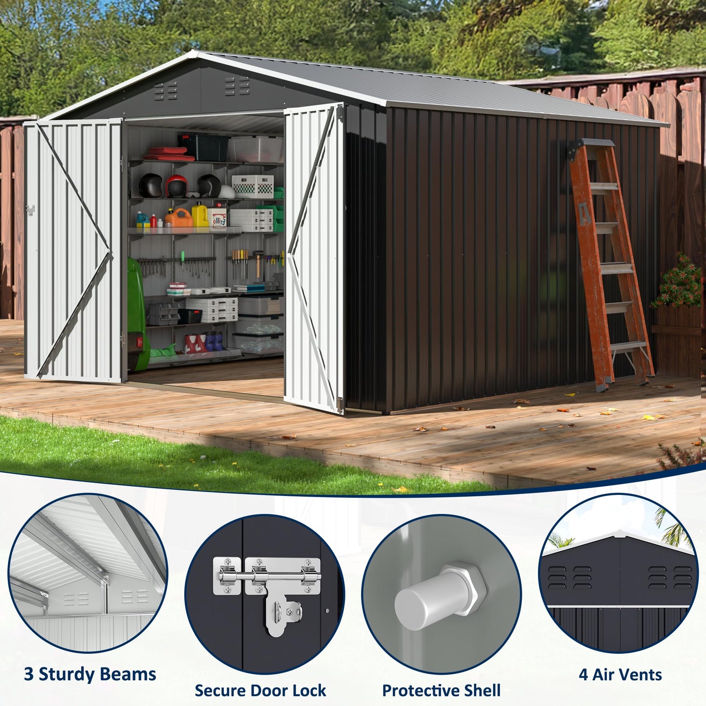 AirWire 10x10 FT Storage Shed, Garden Shed with Updated Frame Structure and Lockable Doors, Metal Tool Sheds for Backyard Garden Patio Lawn, Grey
