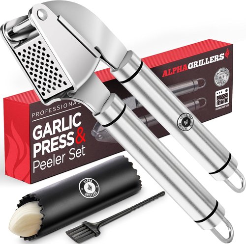 Alpha Grillers Garlic Press - Stainless Steel, Easy to Clean & Rust-Proof | Includes Silicone Peeler & Brush