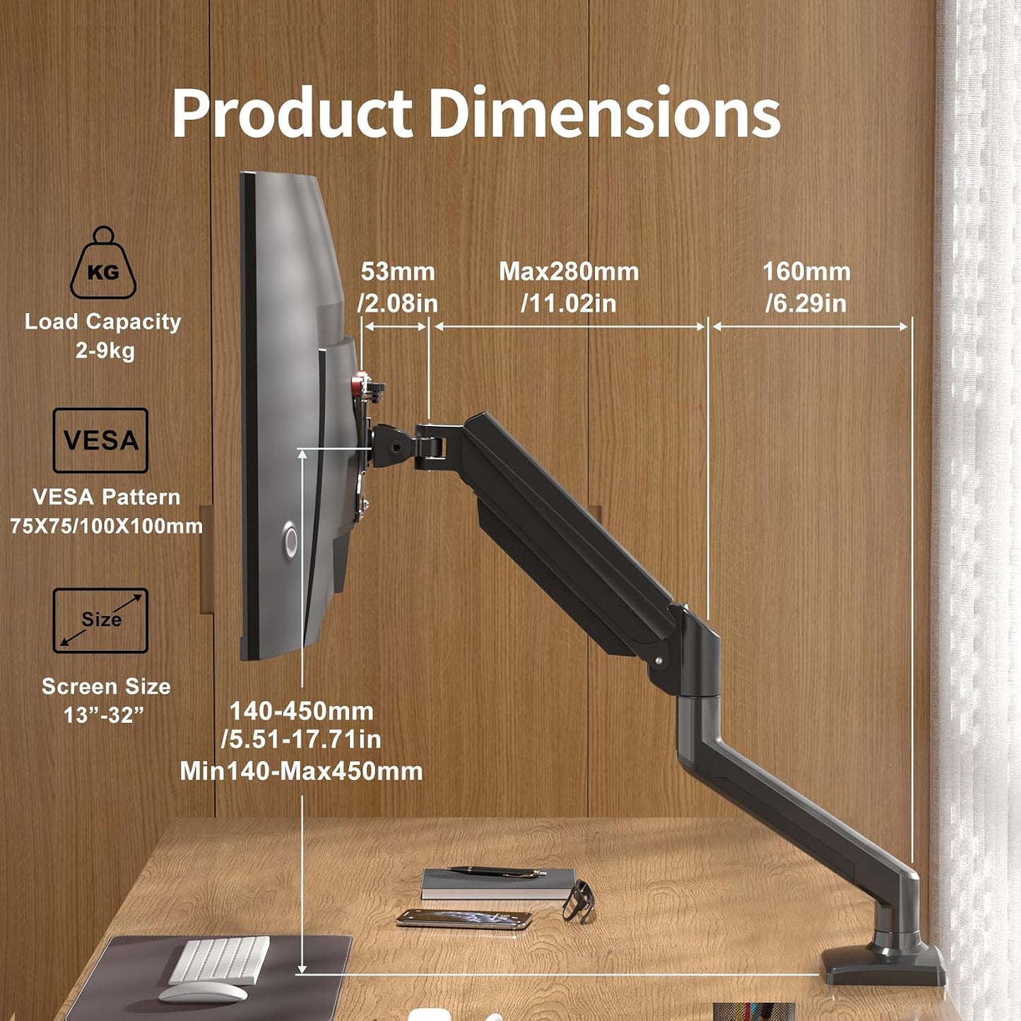 suptek 13-32 inch, 4.4-19.8lbs, 75x75/100x100mm Single Monitor Arm Mount for Adjustable Gas Spring Monitor Arm Desk