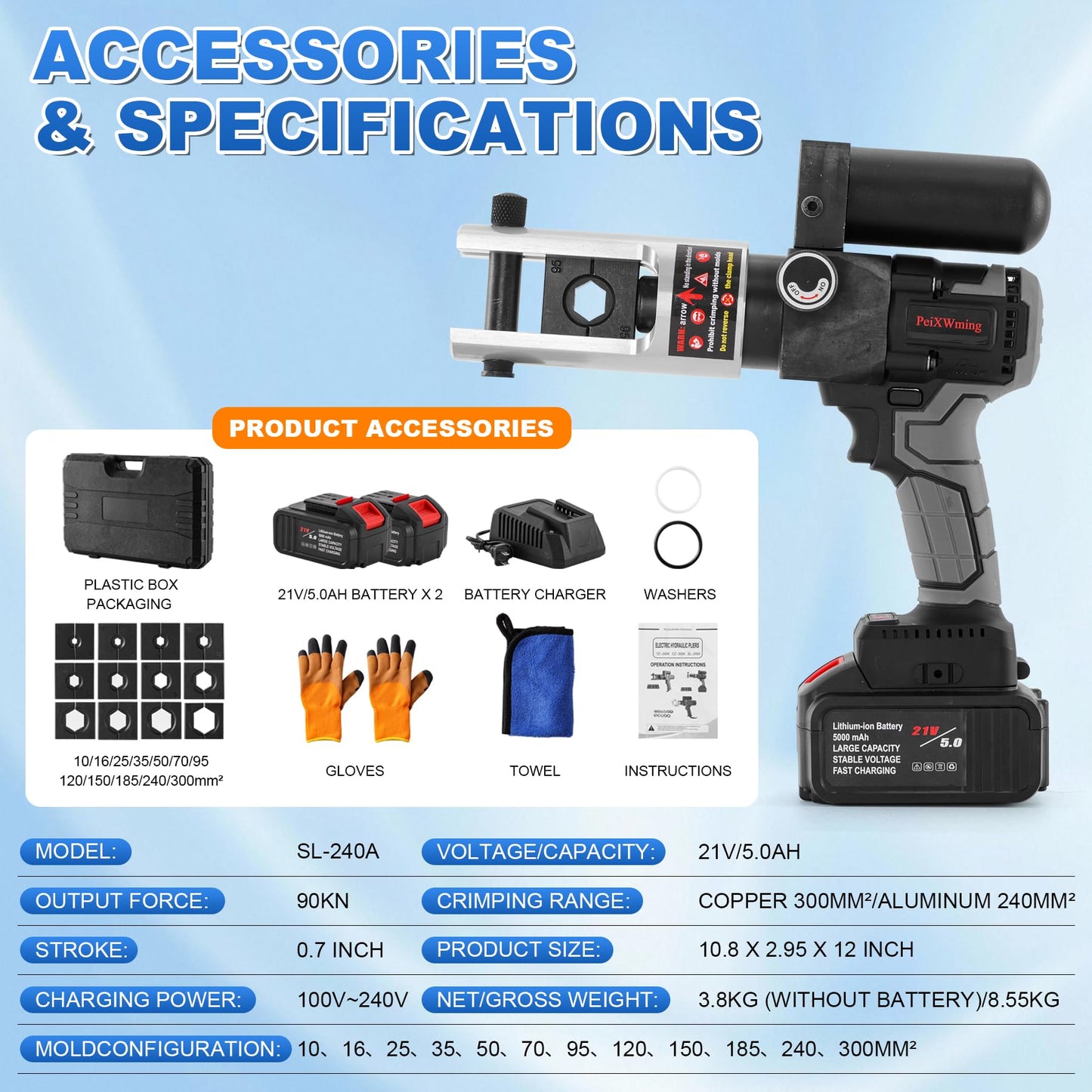 Electric Hydraulic Cable Lug Crimping Tool - 90KN 12 Dies (8 AWG to 600 MCM), Handheld Battery Cable Lug Crimper Kits with 2 Large-Capacity Lithium Battery 21V/5.0Ah, Rechargeable Portable Crimper