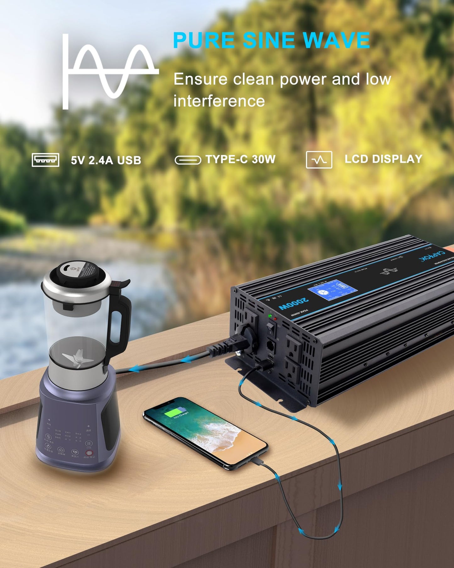 CAPTOK 2000W Pure Sine Wave Inverter DC 12V AC 120V Double LCD Screen Remote Control Power Inverter 30W USB-C 4AC Outlets for RV, Home, Solar System