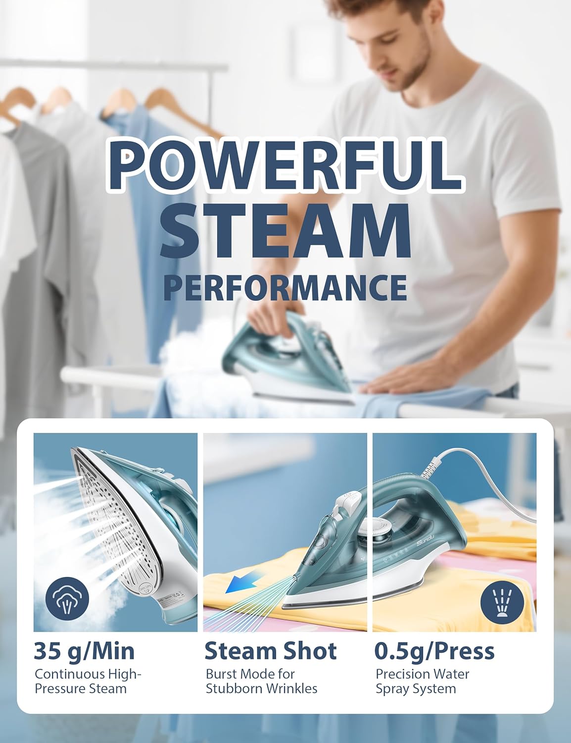 Skiennix Steam Iron - 1500W Ceramic Soleplate, Rapid Heating, Self-Cleaning | Green, 11.84oz Tank