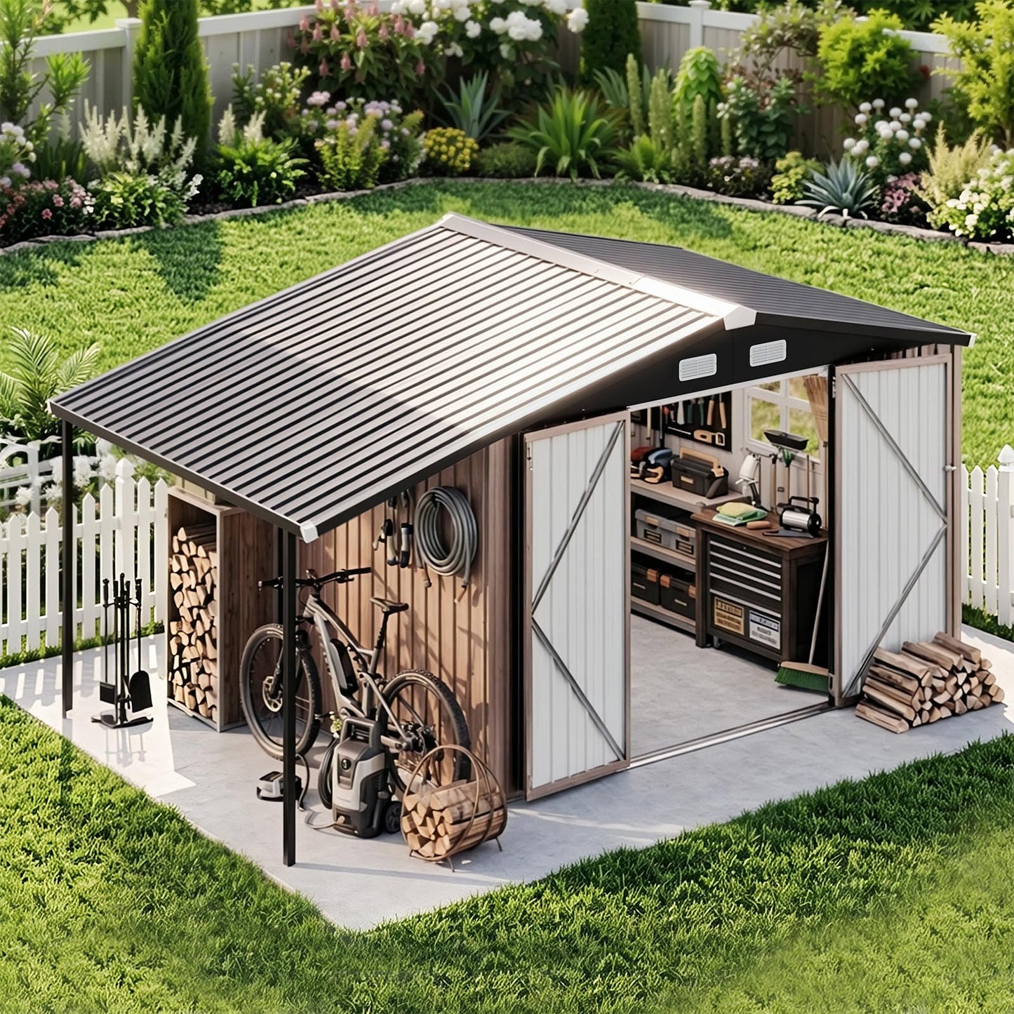 Aoxun 8x12 FT Outdoor Storage Shed Metal Sheds with Open Firewood Storage,Galvanized Steel Garden Shed with Lockable Doors,Sloped Roof,Windows, 2 in 1 Large Tool Shed for Patio, Backyard, Lawn (Brown)