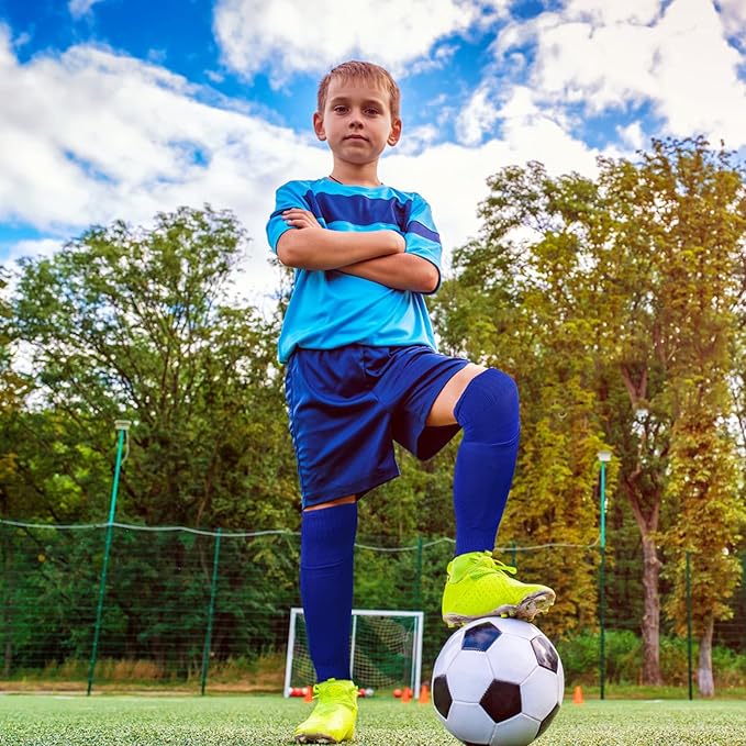 Youth Soccer Shin Guard Socks, Built-in Protective Pads, Kids Knee High Football Athletic Team Socks for Boys Girls