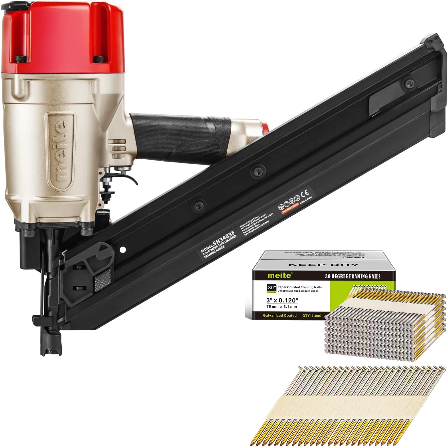 meite 30 Degree Framing Nails 3 Inch Electro-Galvanized Paper Collated Nails for 30-34 Degree Framing Nailer, Offset Round Head Smooth Shank Framing Nails for Wall Stud Sheathing Decking 2,000PCS