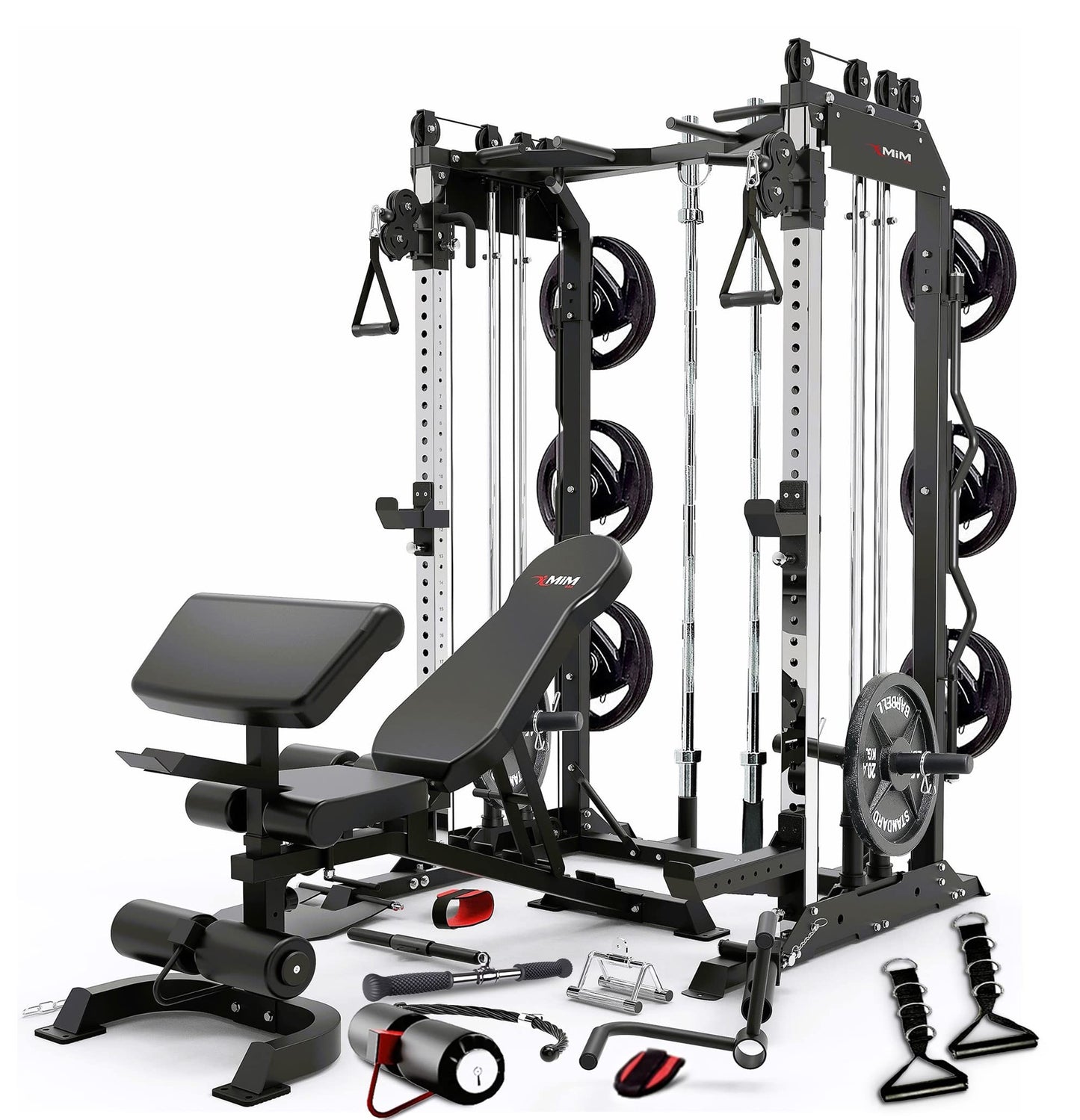 MiM USA Pro Master, All in One Home Gym, Smith Machine & Functional Trainer, 2000LB Capacity, W/ Adjustable Bench, Arm Curl & Complete Attachment