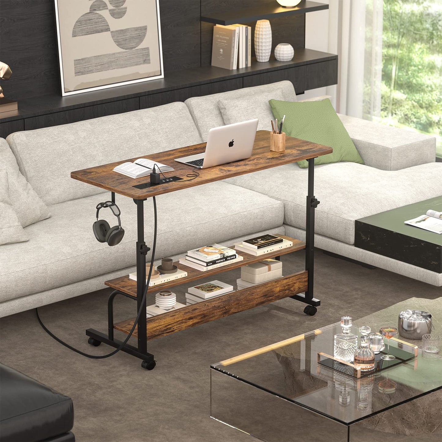 Armocity Rolling Standing Desk with Charging Station, Portable Height Adjustable Mobile Computer Desk with Wheels & 2-Tier Shelves & Hooks, Easy Assembly Laptop Table for Couch Bed, 39" Rustic Brown