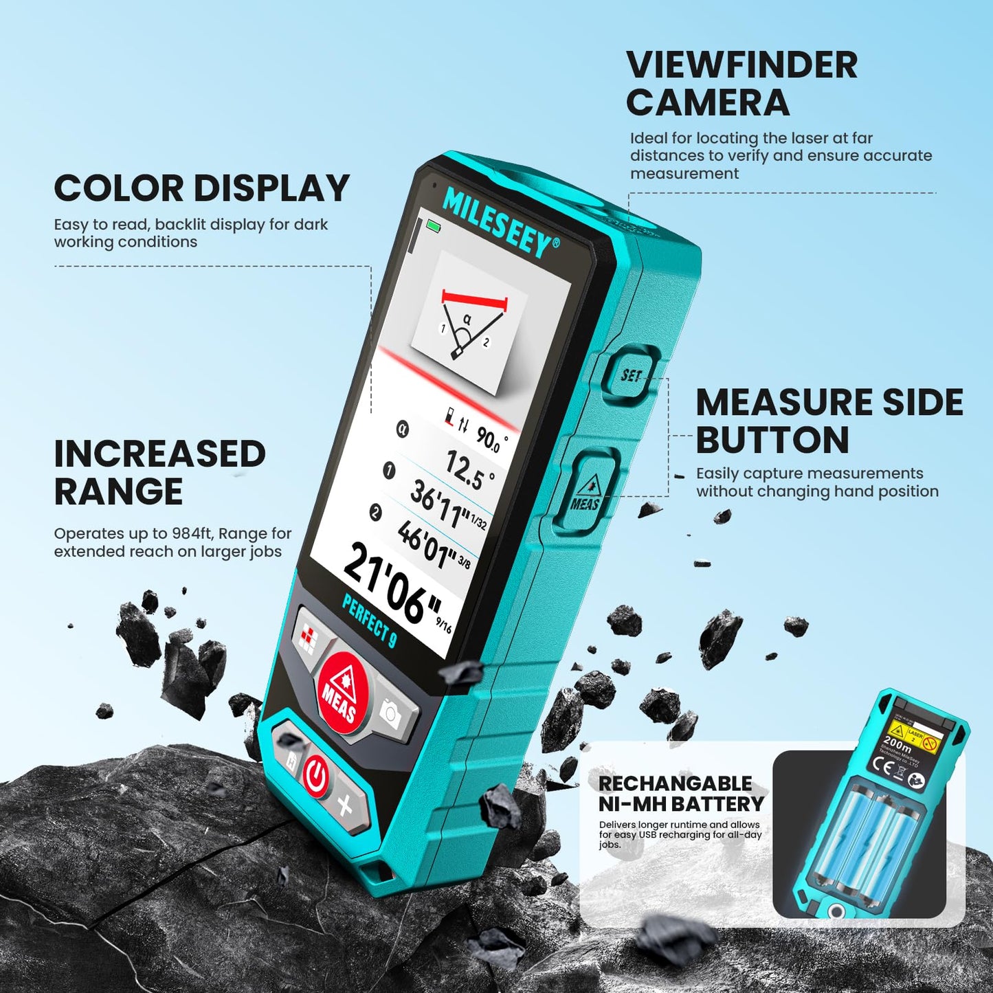 MILESEEY Outdoor Laser Measuring Tool, 985ft Professional Laser Distance Meter for Construction, 4X HD Zoom & 3" Backlit Display, Point-to-Point Technology for Large Outdoor Projects