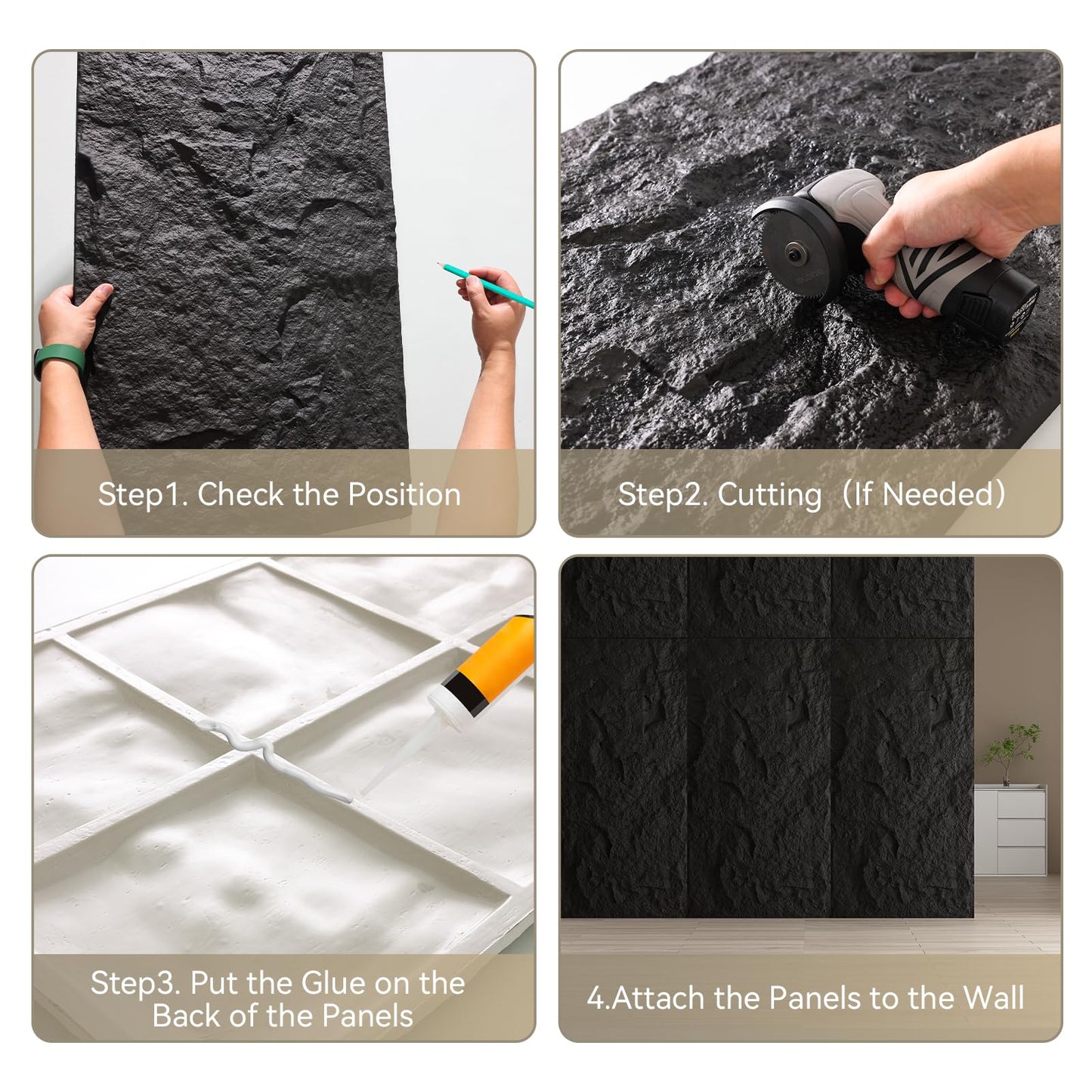 OUZUGIE 4 PCS Faux Stone Wall Panel 47.2’’ x 23.6’’ Interior Exterior Wall Decor 3D PU Panel with Lava Stone Design Black