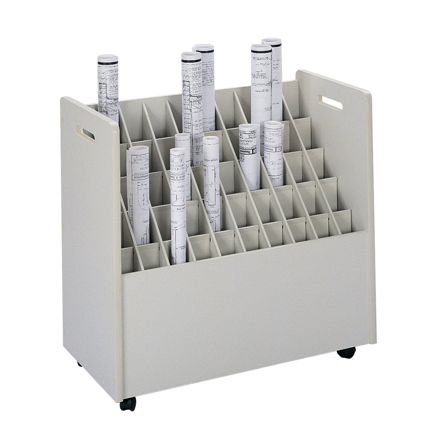 Safco Wood and Laminate Mobile Roll File Cart, Document and Blueprint Holder, 50 Compartment, Rolling Organizer Cart for Architectural Drawings, Construction Plans and Map Storage
