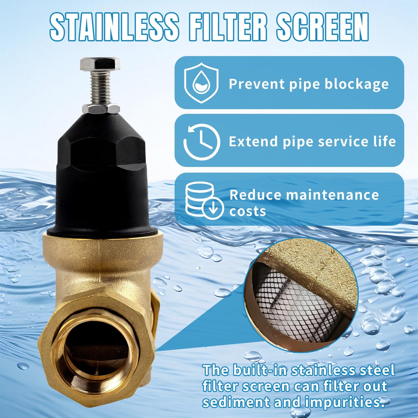 2026 Upgrade 1" Water Pressure Reducing Valve Replace for Zurn Wilkins 1-NR3XL 1" NR3XL Pressure Reducing Valve, Stainless Steel Strainer Screen, House Water Pressure Regulator with Teflon Tape