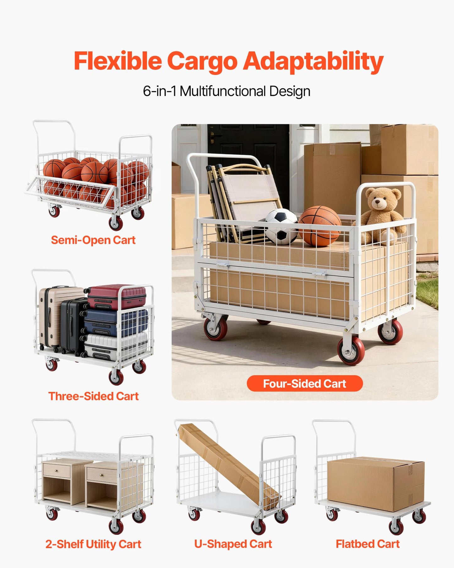 VEVOR Platform Truck Cart with Cage, 2000 lbs Capacity, 6-in-1 Foldable Flatbed Cart with Swivel Wheels, Heavy Duty Hand Truck, Multi-Functional Push Dolly, for Grocery Laundry, 44.5 x 26.6 x 42.1 in