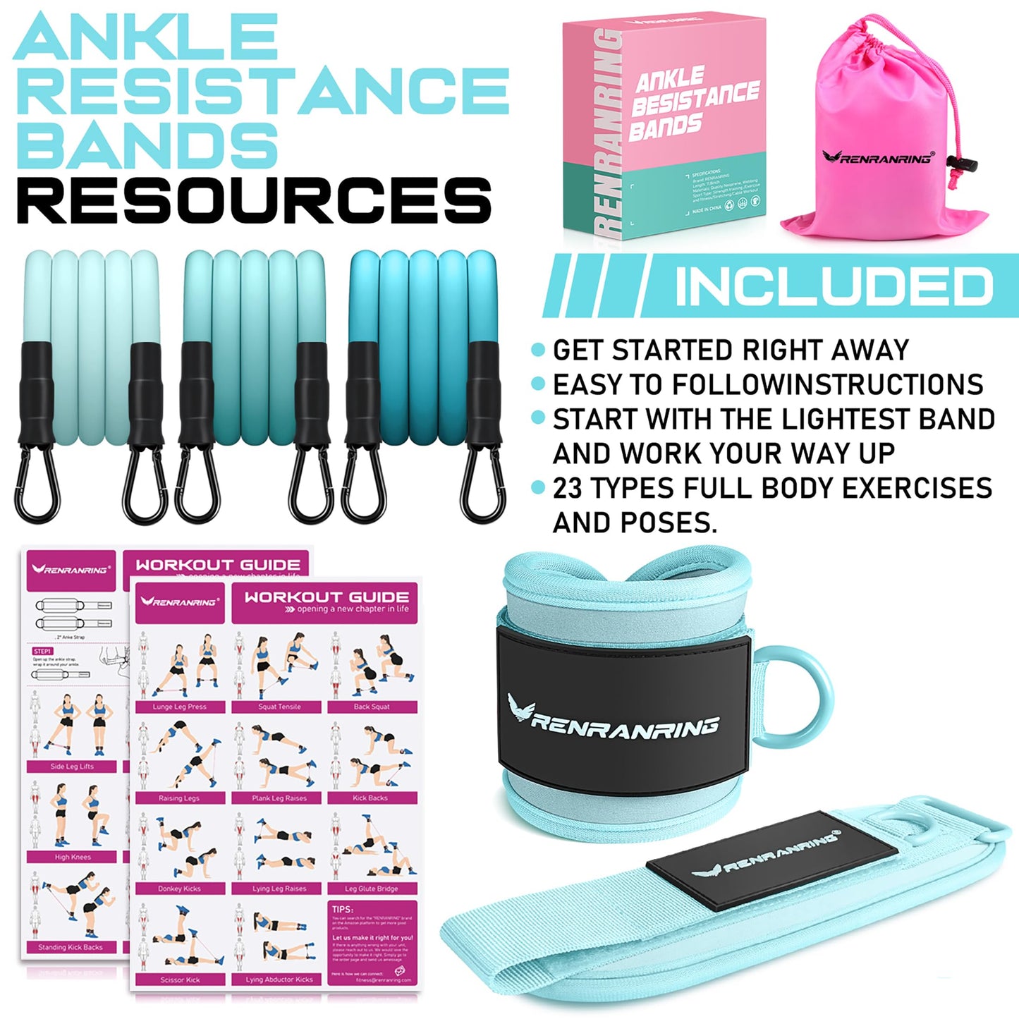 Ankle Resistance Bands with Cuffs, Ankle Bands for Working Out, Ankle Resistance Band for Legs and Glutes Workout Equipment, Butt Exercise Equipment for Women
