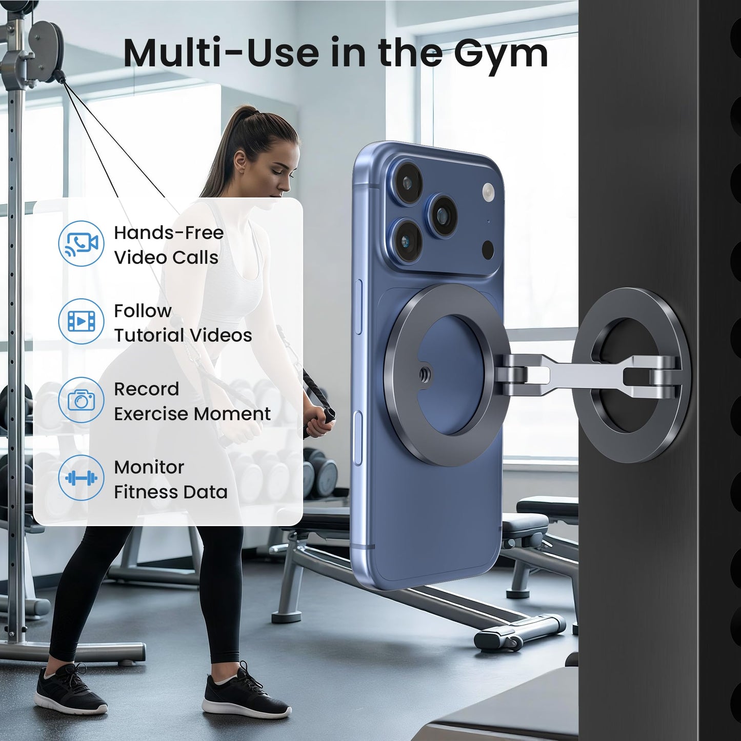 Itramax Magnetic Gym Phone Holder for Magsafe,Double Dual Ring Magnet Gym Phone Stand,360° Adjustable Cell-Phone Mount for iPhone 17 Air 16 15 14 13 12 Pro Max,Mag/Safe Case,Metal Surfaces,Golf Cart