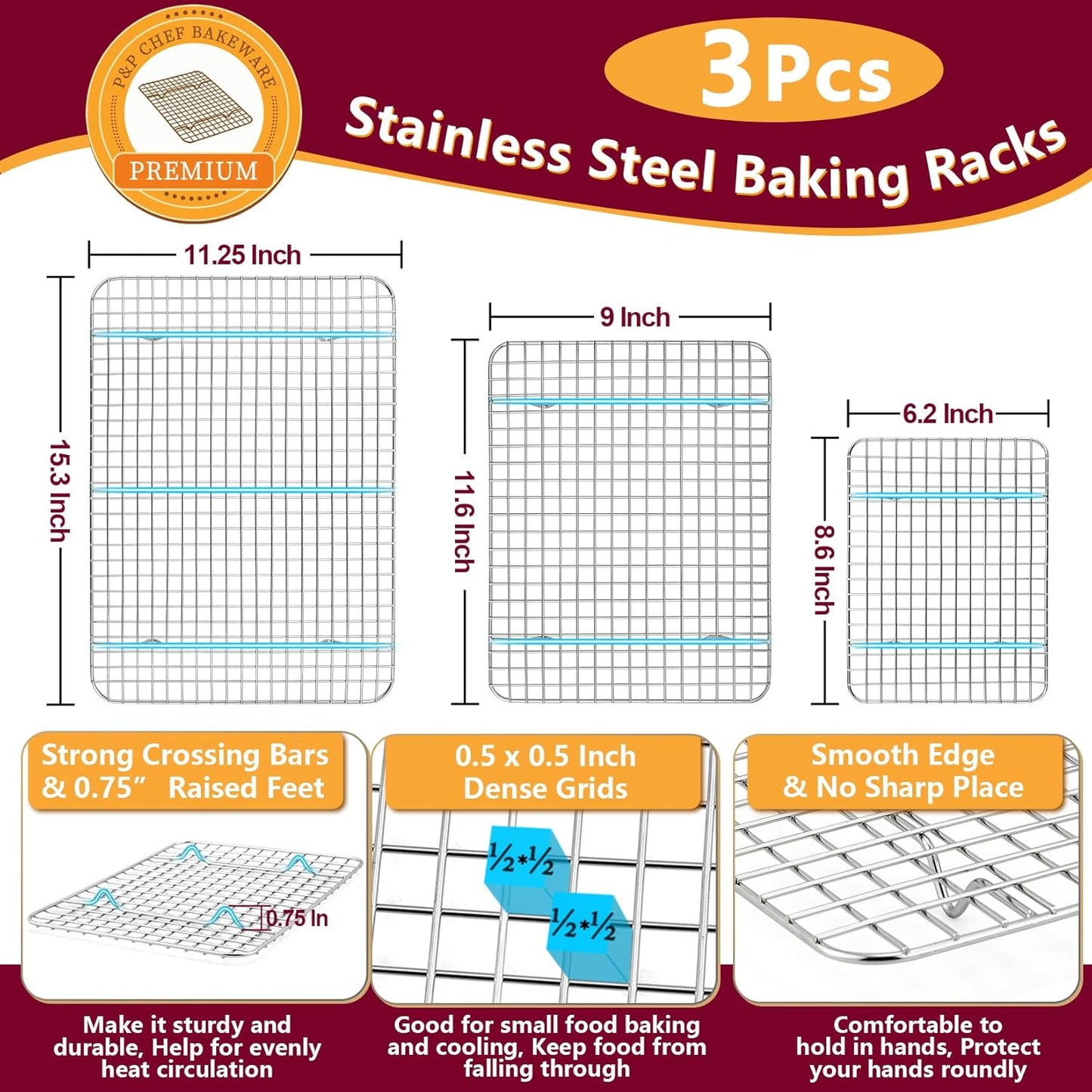 P&P CHEF Baking Sheet Set - Stainless Steel Cookie Sheets with Cooling Racks | 16", 12.5", 9" Sizes