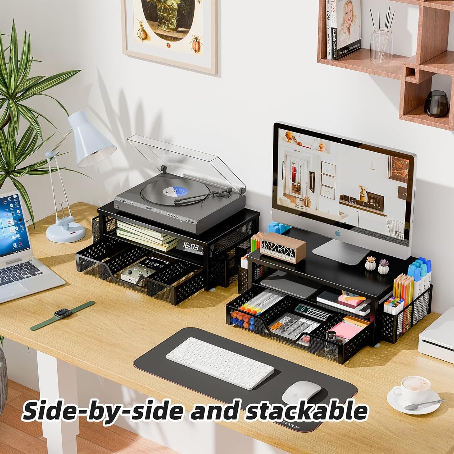 2-Tier 2 Simple Trending Desk Organizer and Accessories, Computer Monitor Stand Riser with Drawer and Pen Holders
