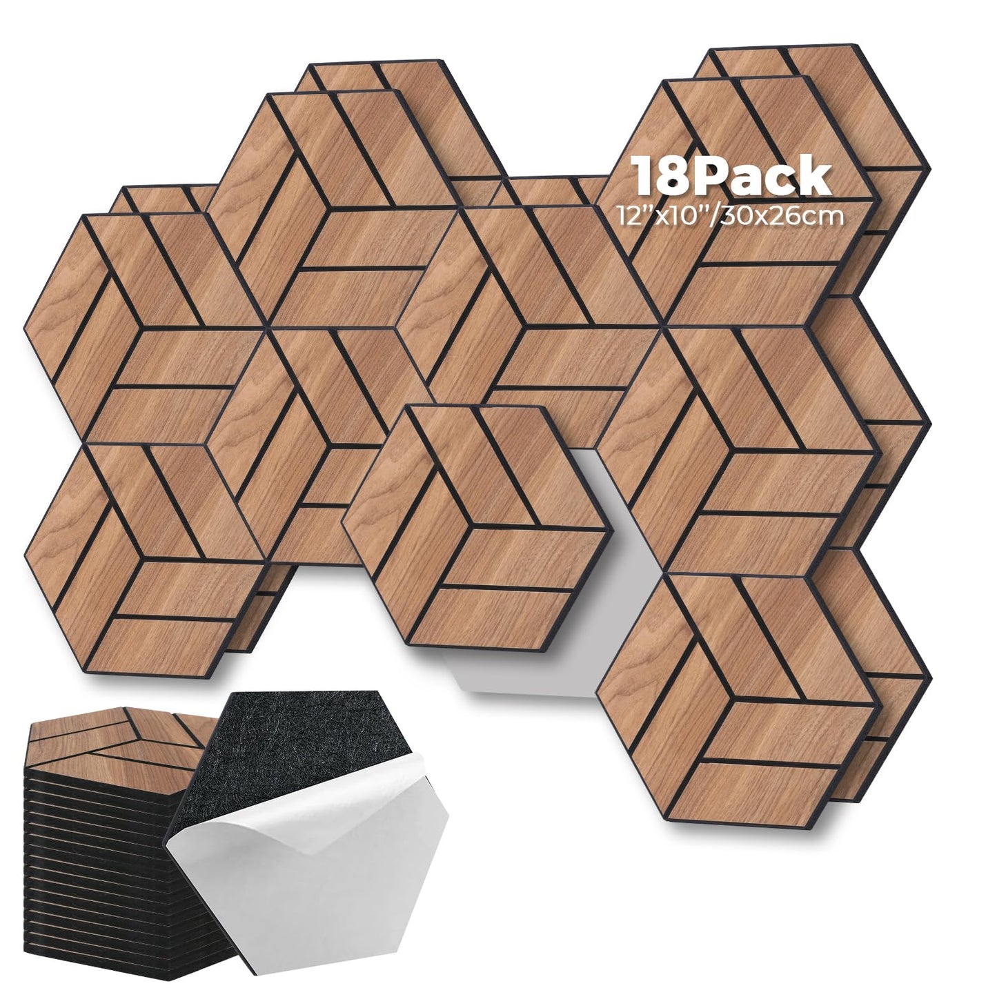 GreenClad 3D Peel and Stick Acoustic Wall Panel – 18-Pack Golden Maple Soundproof Wood Look Wall Panels for Interior Wall Decor, Hexagon Design