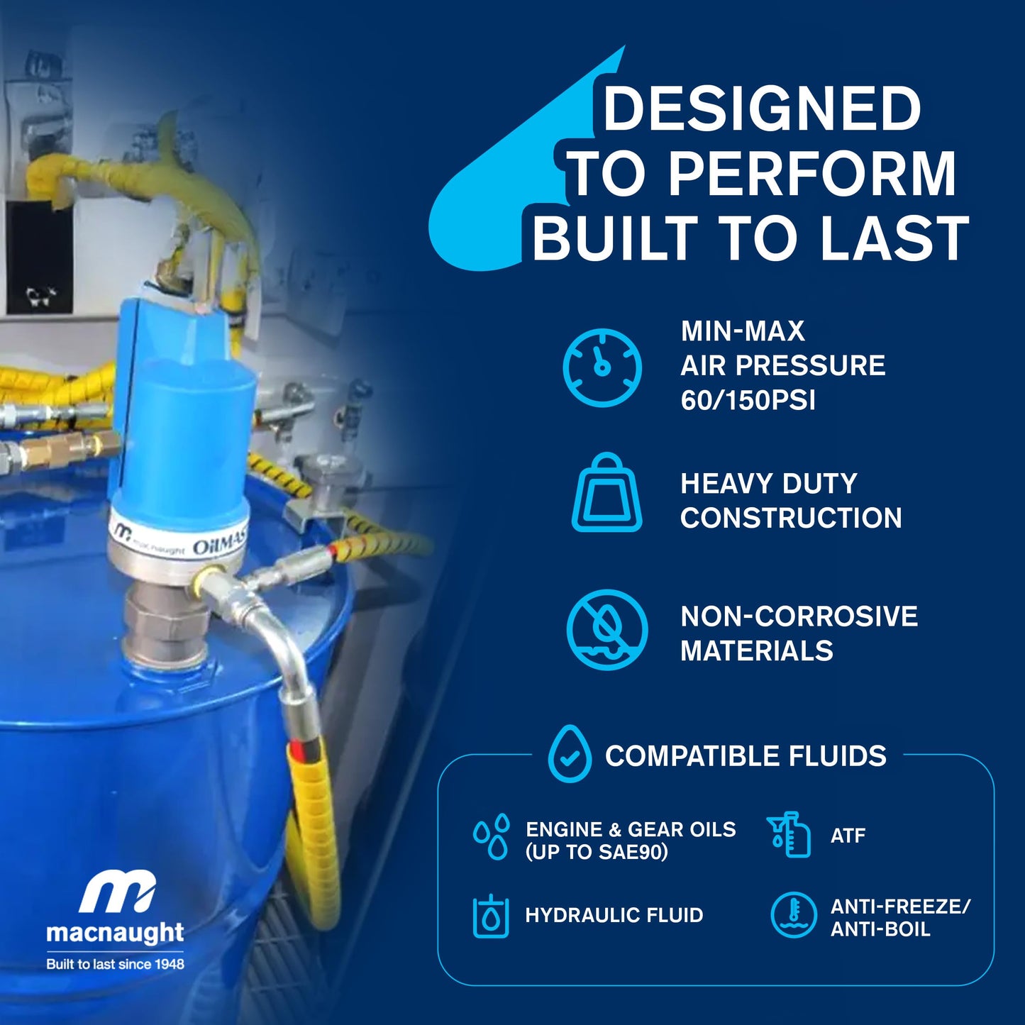 Macnaught 3:1 Ratio Air Operated Oil Transfer Pump. For gear oils up to SAE140, ATF, hydraulic & anti-freeze/anti-boil (Not for Gasoline or Diesel)