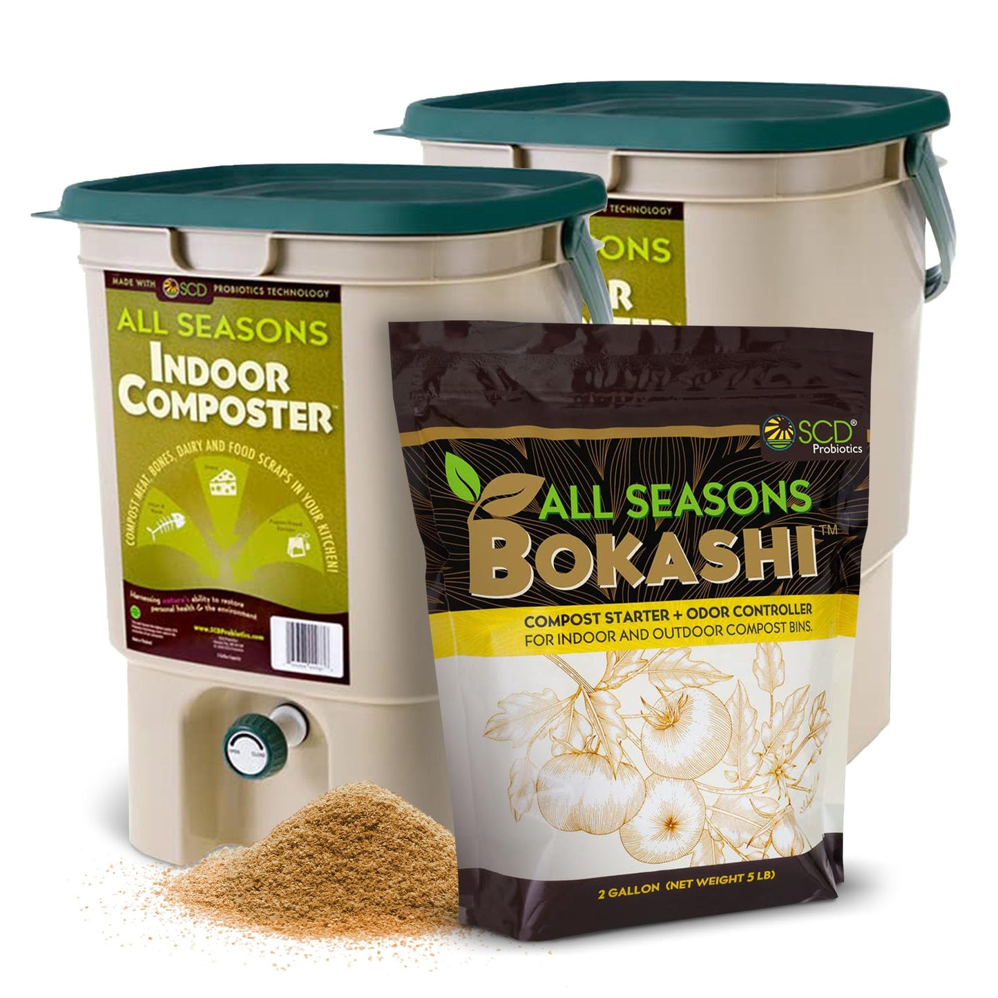All Seasons Indoor Composter Starter Kit - Two Family-Sized Composting Bins for Kitchen Countertop and Bokashi Bran Starter 5 lb (2 gallons), Easily Compost Food After Every Meal, Odor Free