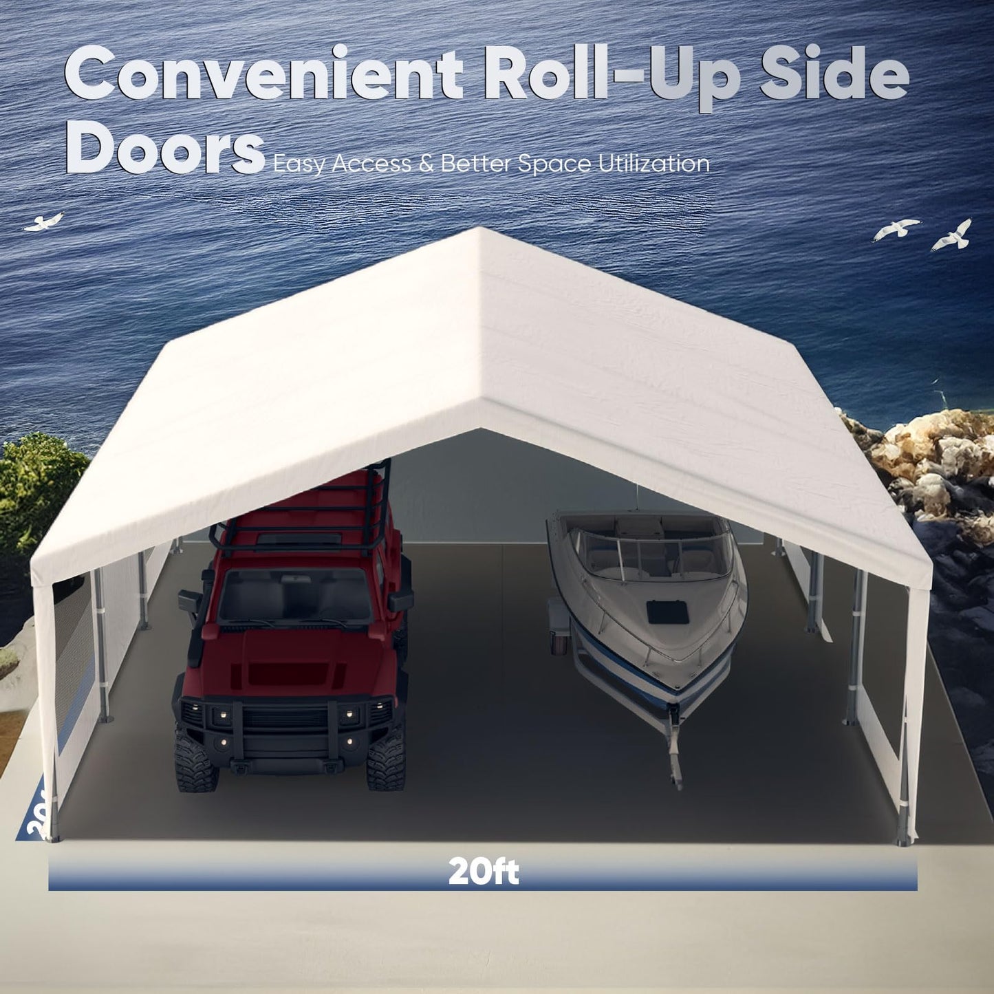 Quictent 20x20 ft Heavy Duty 2 Car Carport, Waterproof Storage Shelter with Zipper Side Doors, Snowproof Steel Cables & Ventilated Windows, Outdoor Garage for Car, White