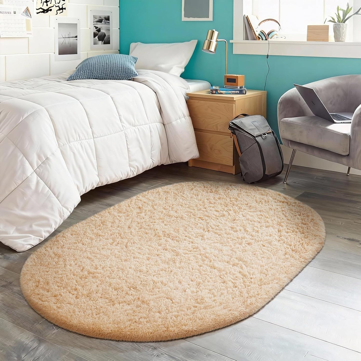 Ophanie 3x5 Oval Rug - Non-Slip Beige Area Rug for Bedroom | Fluffy Dorm Decor & Nursery Essentials