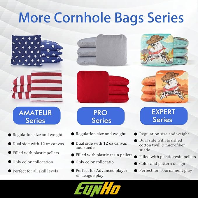 EunHo Dual Sided Cornhole Bags Regulation Set of 8 Professional Cornhole Bean Bags Slick and Stick for Tossing Game-All Weather