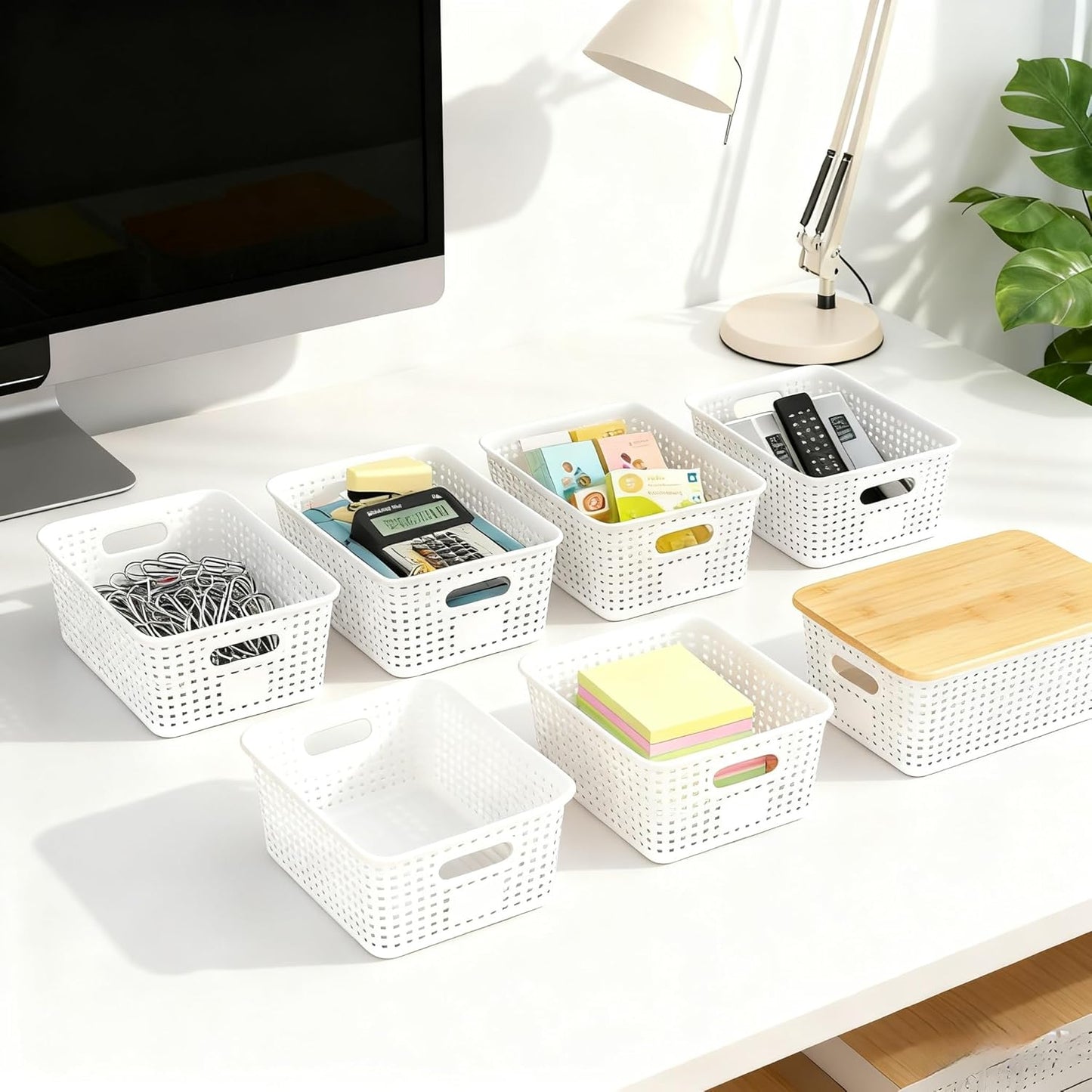 Skiennix Storage Bins - Stackable Plastic Baskets with Bamboo Lids | 6 Pcs Pantry Organizer Set (10"x7.1"x4.1")