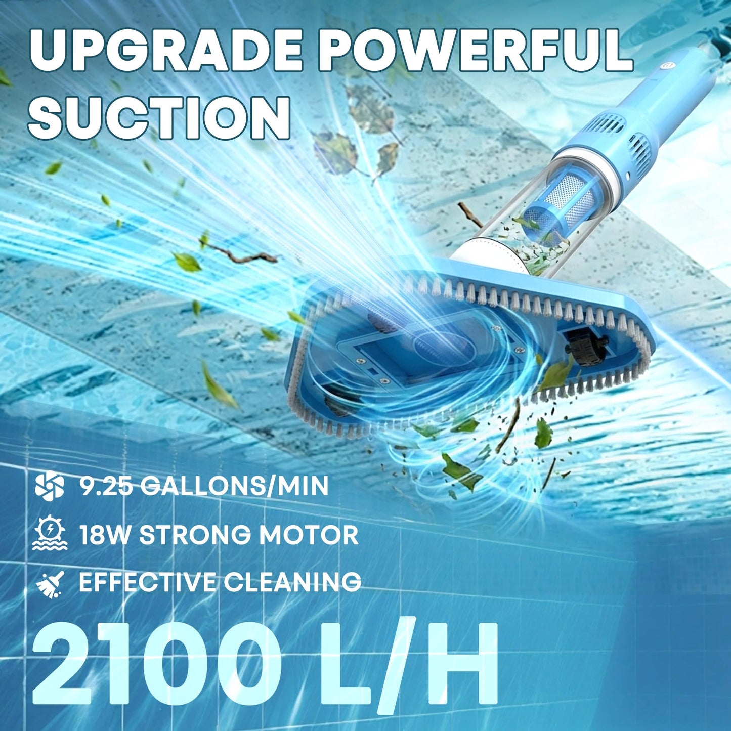 3-in-1 Cordless Pool Vacuum for Above Ground Pool, Handheld Spa Hot Tub Vacuum with 3 Brush Heads, 9.25 GPM Powerful Suction, 70 Mins Running Time, 6.04Ft Max Working Depth, Ideal for Leaves, Debris
