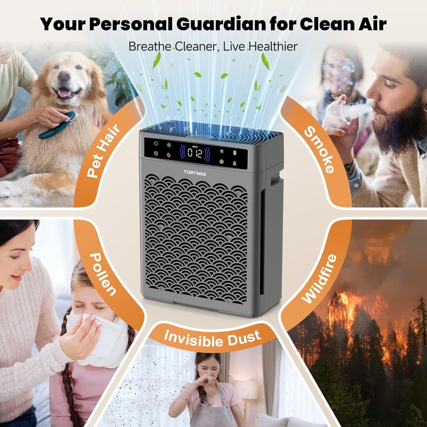 Air Purifiers - HEPA Filter Air Purifier for Large Rooms Up to 3000 Ft² | Air Quality Monitor & Timer - Grey