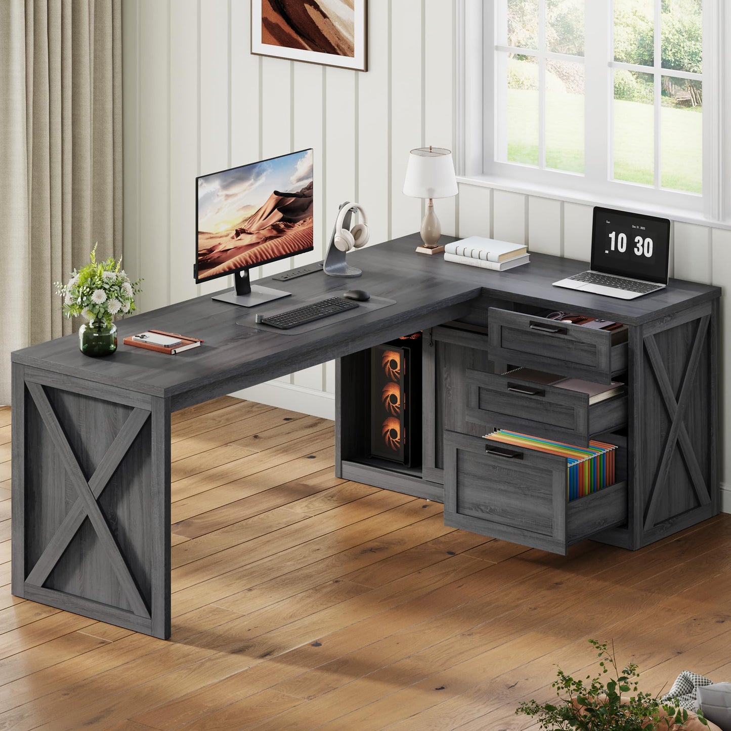 Homiflex 78.7" L Shaped Executive Desk with Drawers and File Cabinet, Farmhouse Large Office Desk with Power Outlets & Sliding Door Storage, Corner Computer Desk for Home Office Gaming, Dark Grey