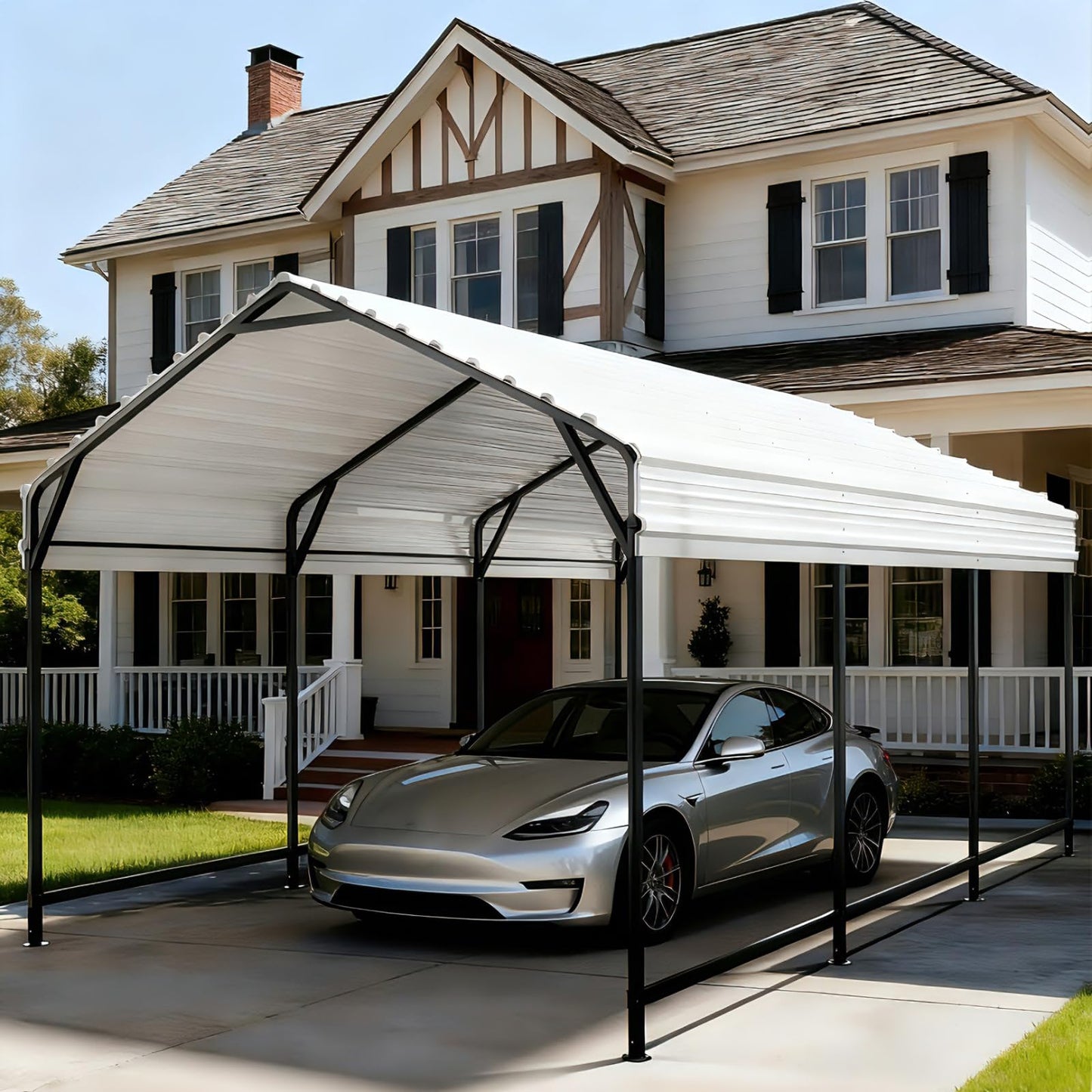 SAILARY Metal Carport 10x15 ft Heavy Duty Car Port Outdoor Canopy Steel Roof All-Weather Multi-Use Garage Shelter for Car, Boat, Tractor and Truck