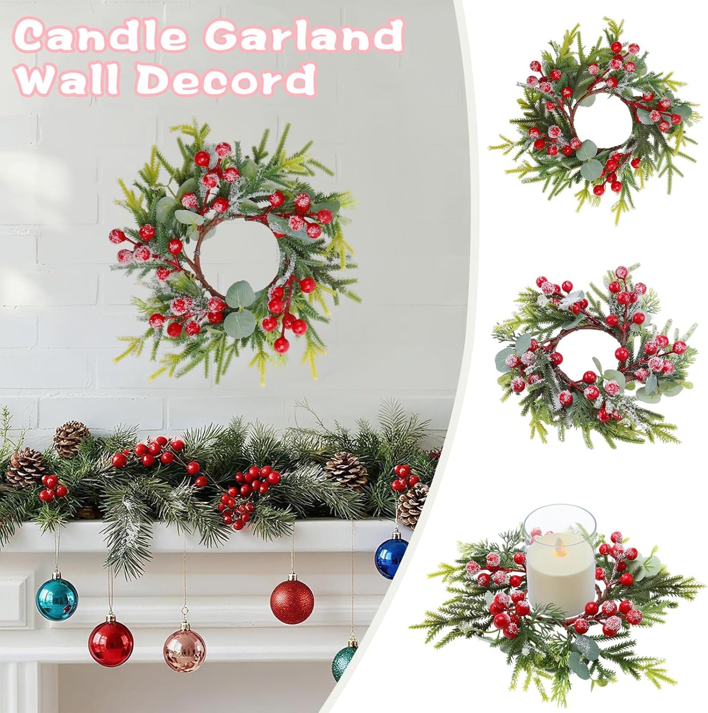 Skiennix Christmas Candle Rings - Mini Wreaths with Red Berries | 4-Pack 2.76-Inch Snowy Pine Decor