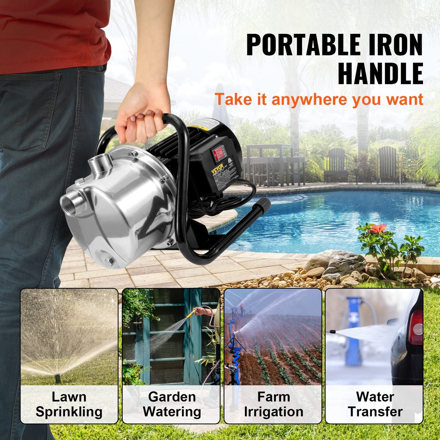 VEVOR Shallow Well Pump, 1.1 HP 115V, 978 GPH 131 ft Height, 40psi Max Pressure, Portable Stainless Steel Sprinkler Booster Jet Pumps for Garden Lawn Irrigation system, Lake Fountain, Water Transfer