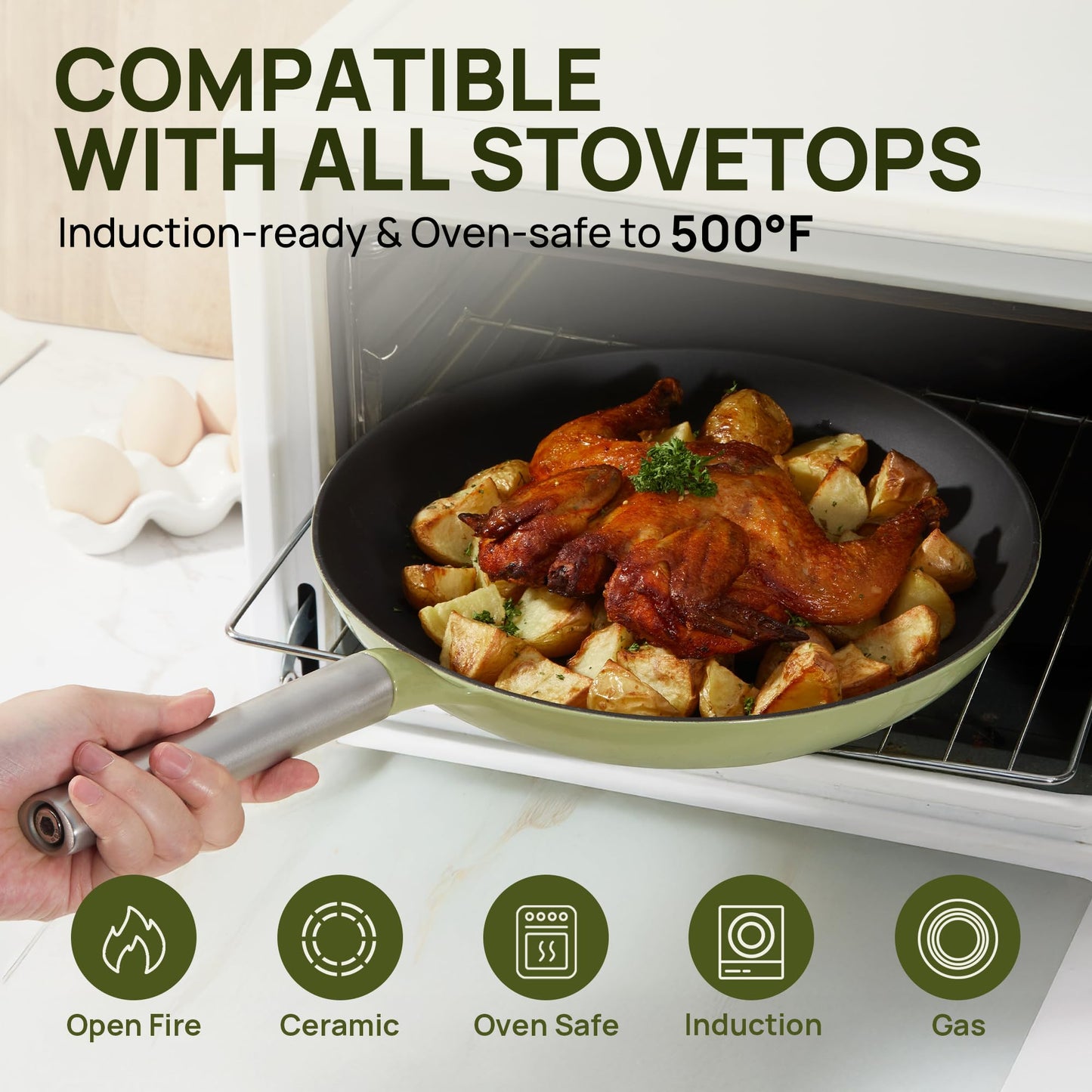 KOKHUB Non Toxic Frying Pan Set 3 Piece, 8" 9.5" 11" Non Stick Titanium Enamel Cast Iron Skillets, PFOA/PFAS Free Cooking Pans, Dishwasher & Oven Safe, All Cooktops Compatible, Sage Green