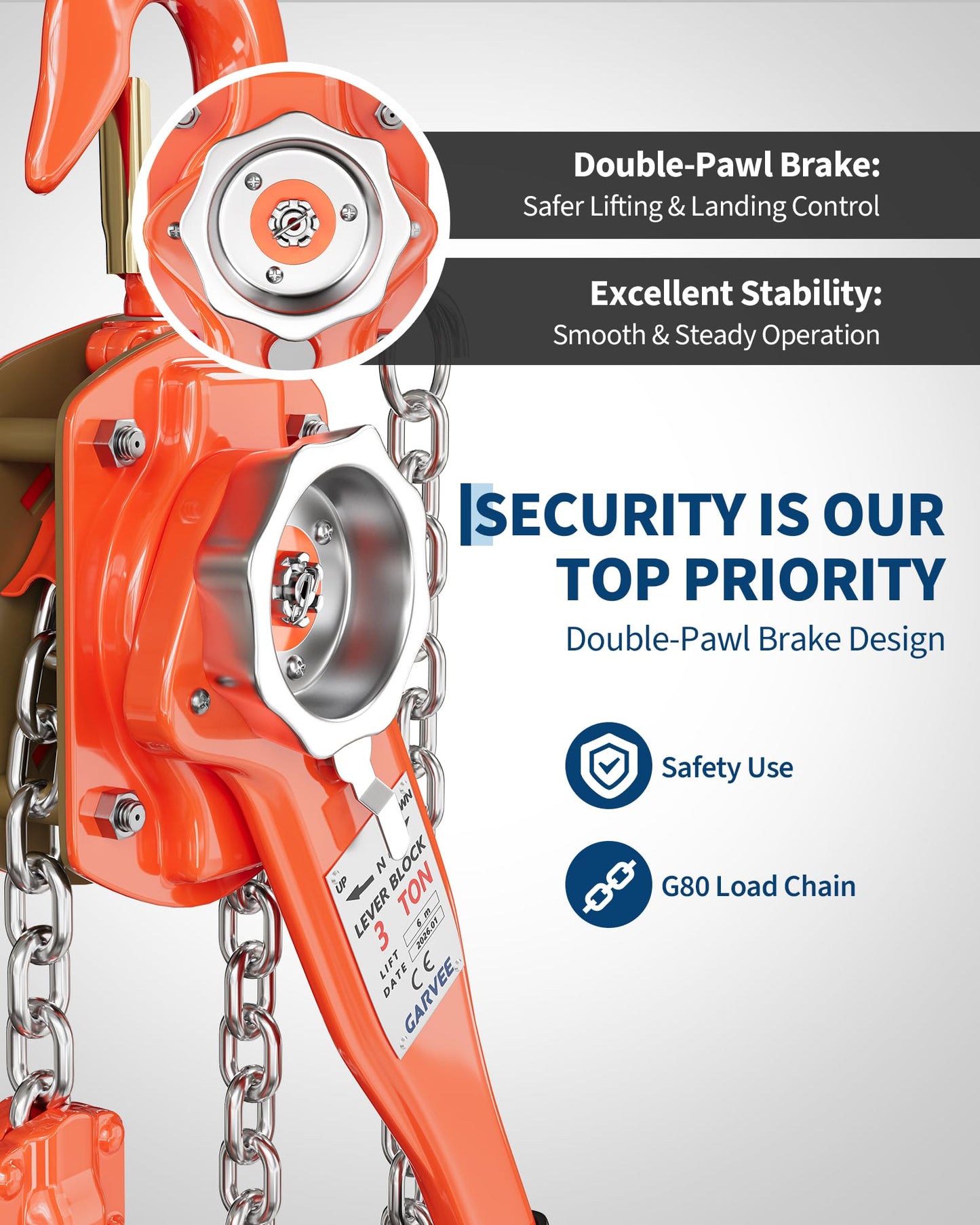 3 Ton (6600 LBS) Manual Lever Chain Hoist, 20 ft Heavy Duty G80 Galvanized Steel Come Along with Double-Pawl Brake & 360° Rotating Hooks for Garage Warehouse Construction Factory