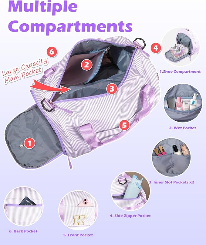 Christmas Gift for Her, Girl Gym Bag, Kids Initial Overnight Duffel Bags with Shoe Compartment, Personalized Dance Bag with Makeup Pouch, Tween Girls Gifts Trendy Stuff (Letter W)
